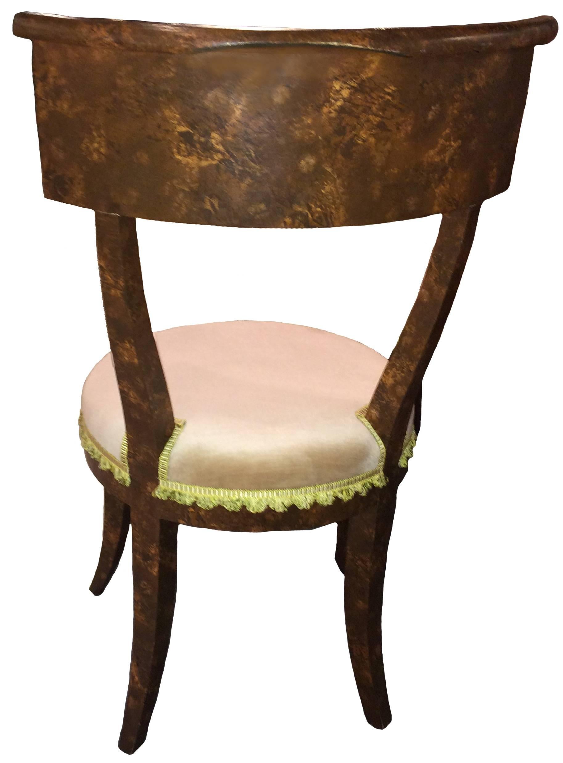 Velvet SALE Klismos Style Faux-Tortoise Painted Chinoiserie Chairs, Pair