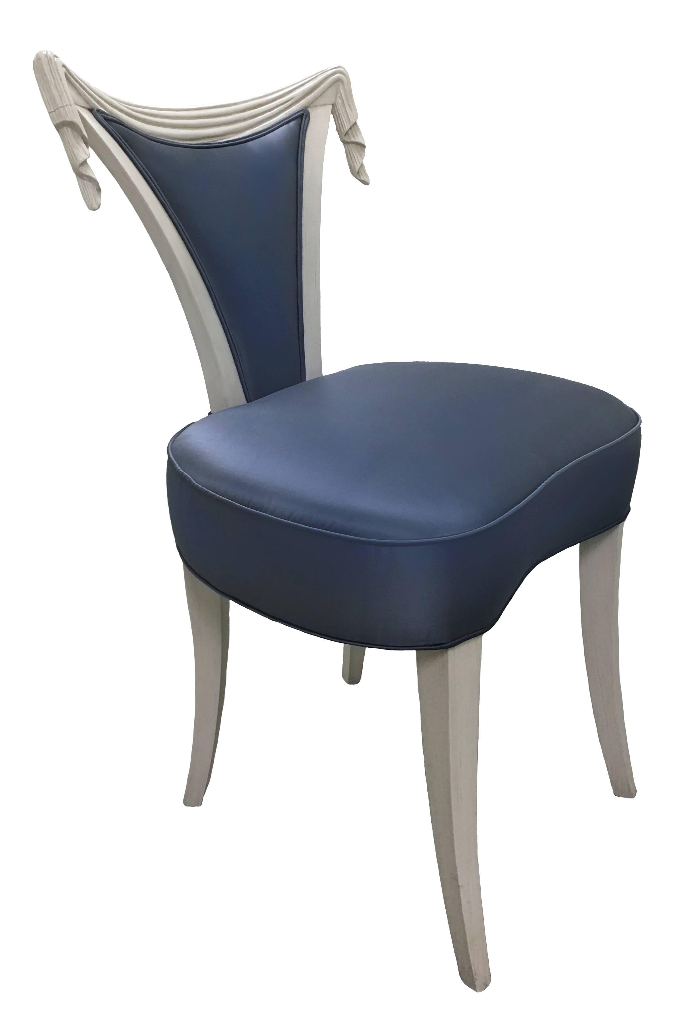 1940s Hollywood Regency style chair by Grosfeld House. Newly painted in an antique with faux finish. Newly upholstered in petrol blue silk fabric.