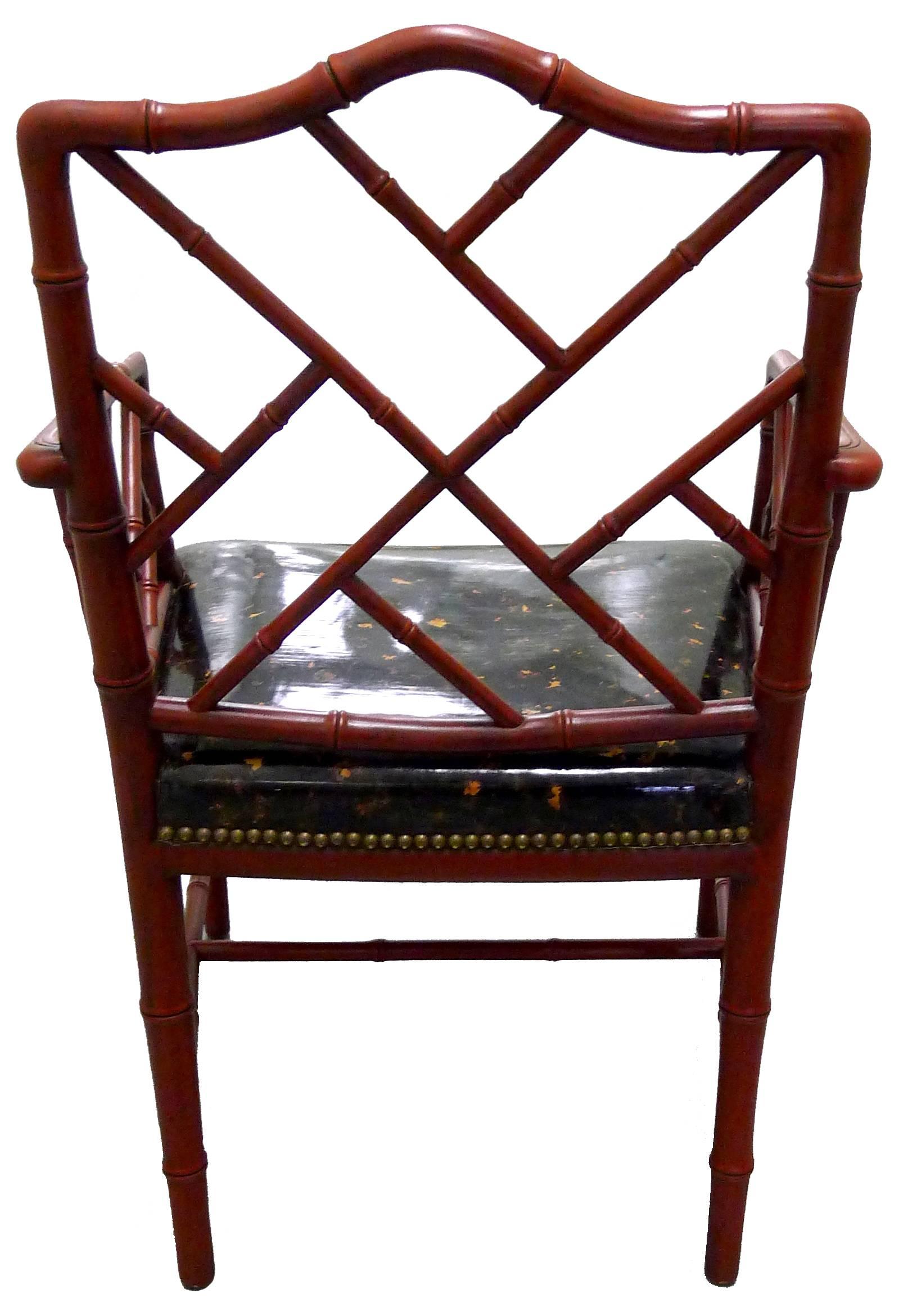 Chinoiserie Red Faux Bamboo with Faux Tortoise Armchairs, Pair