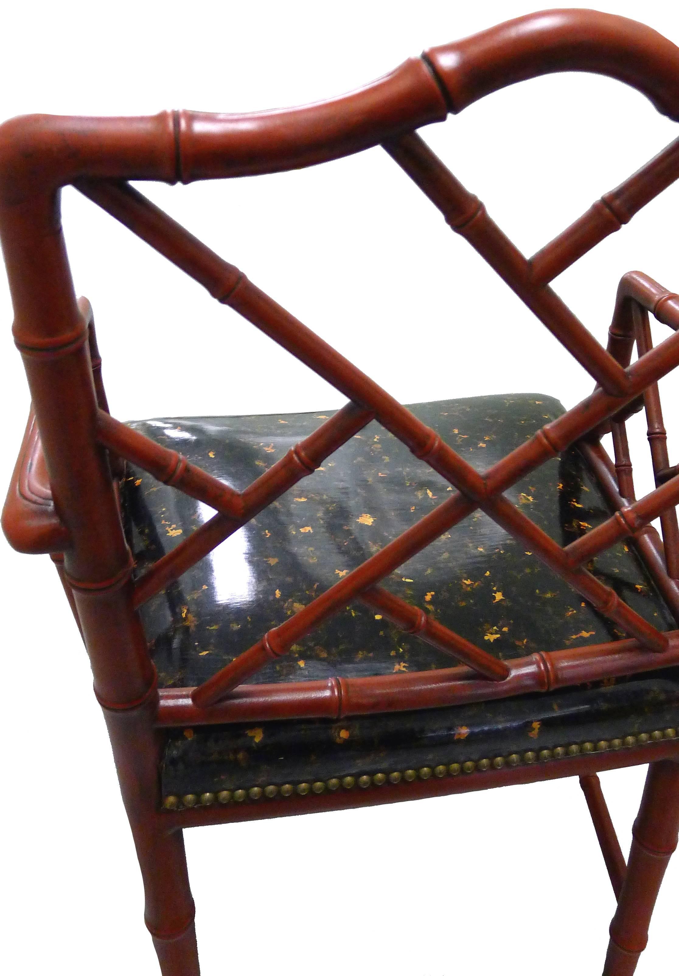 American Red Faux Bamboo with Faux Tortoise Armchairs, Pair
