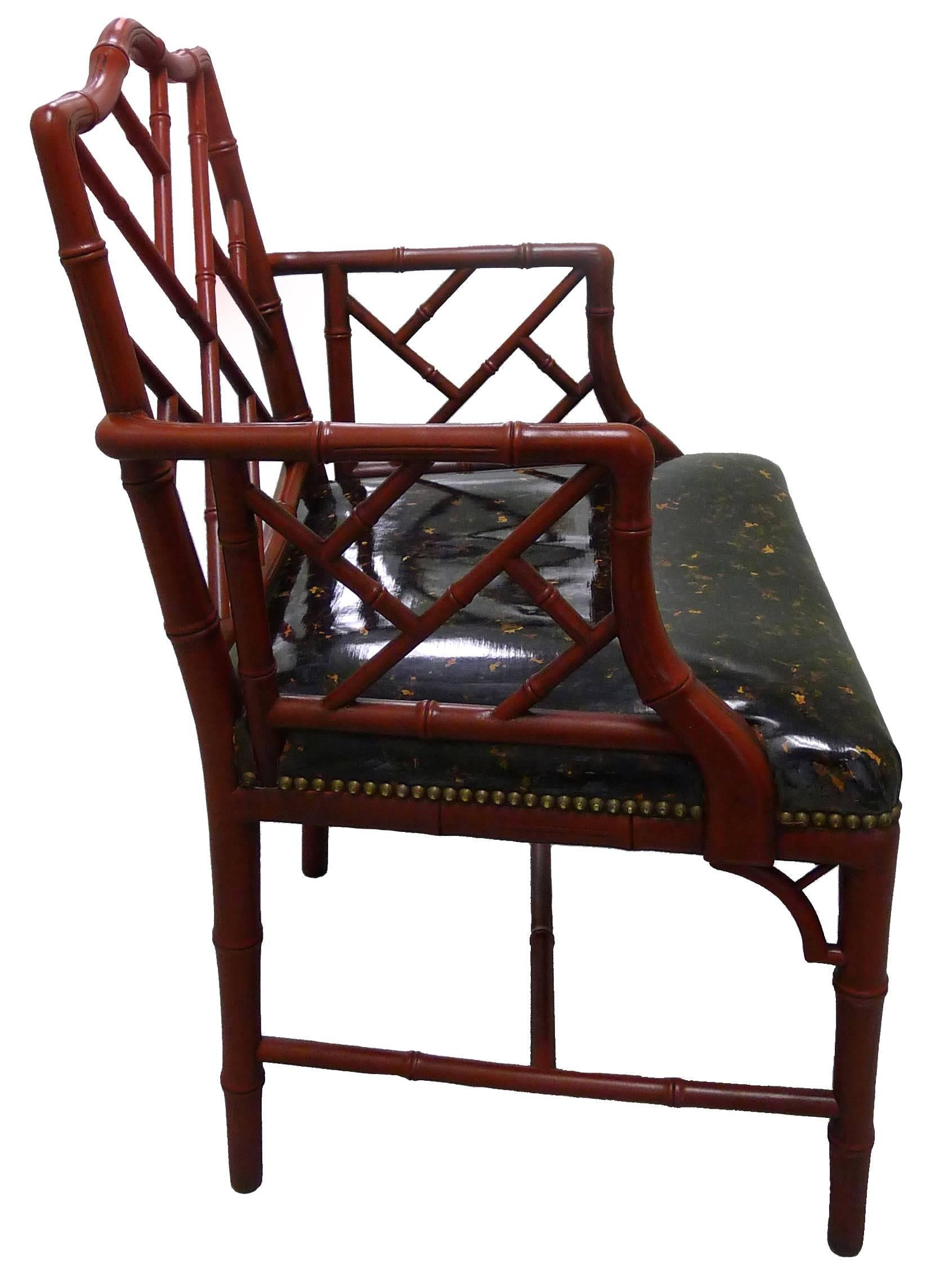 Painted Red Faux Bamboo with Faux Tortoise Armchairs, Pair