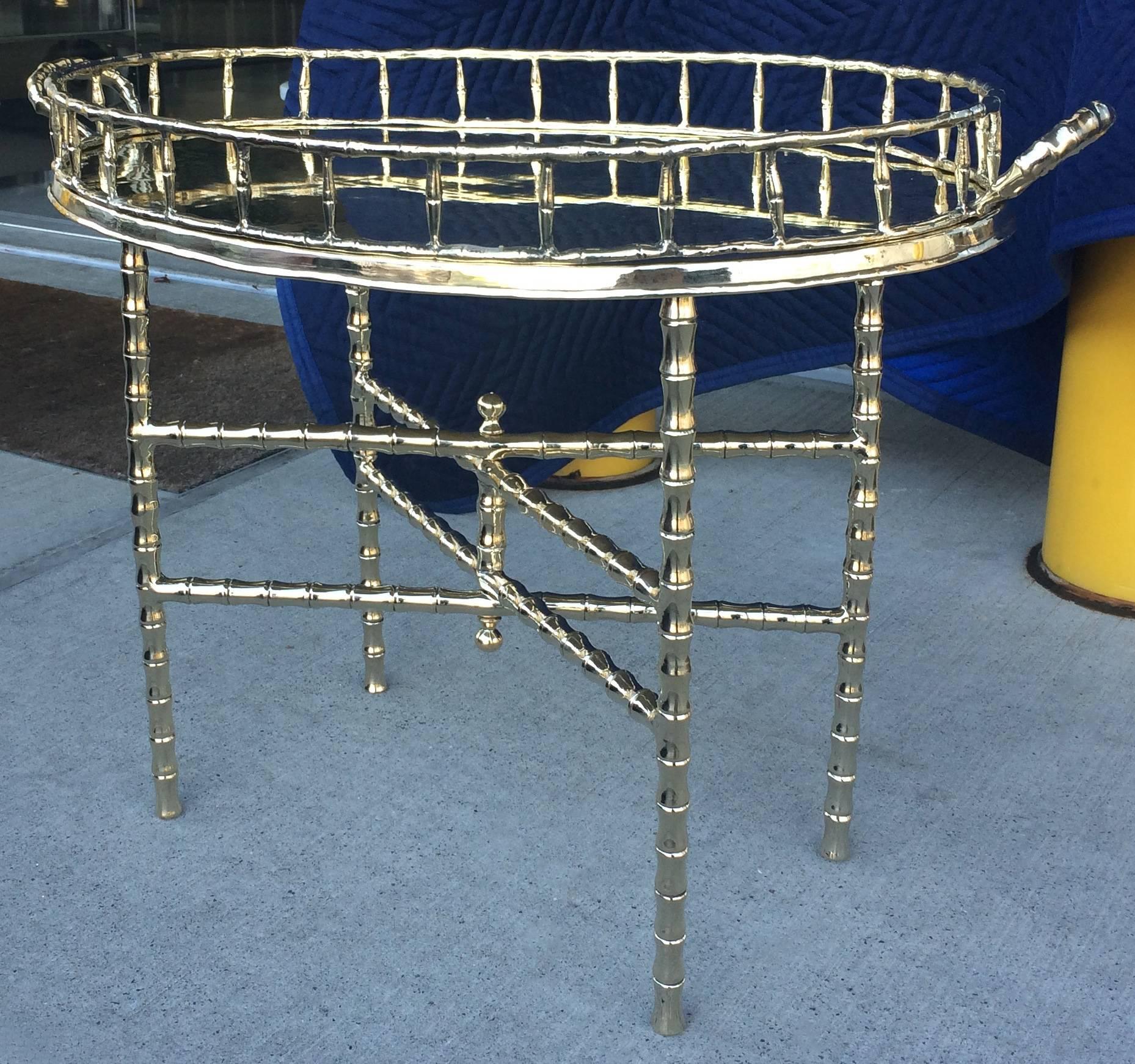 American Polished Brass Faux Bamboo Chinoiserie Tray Table