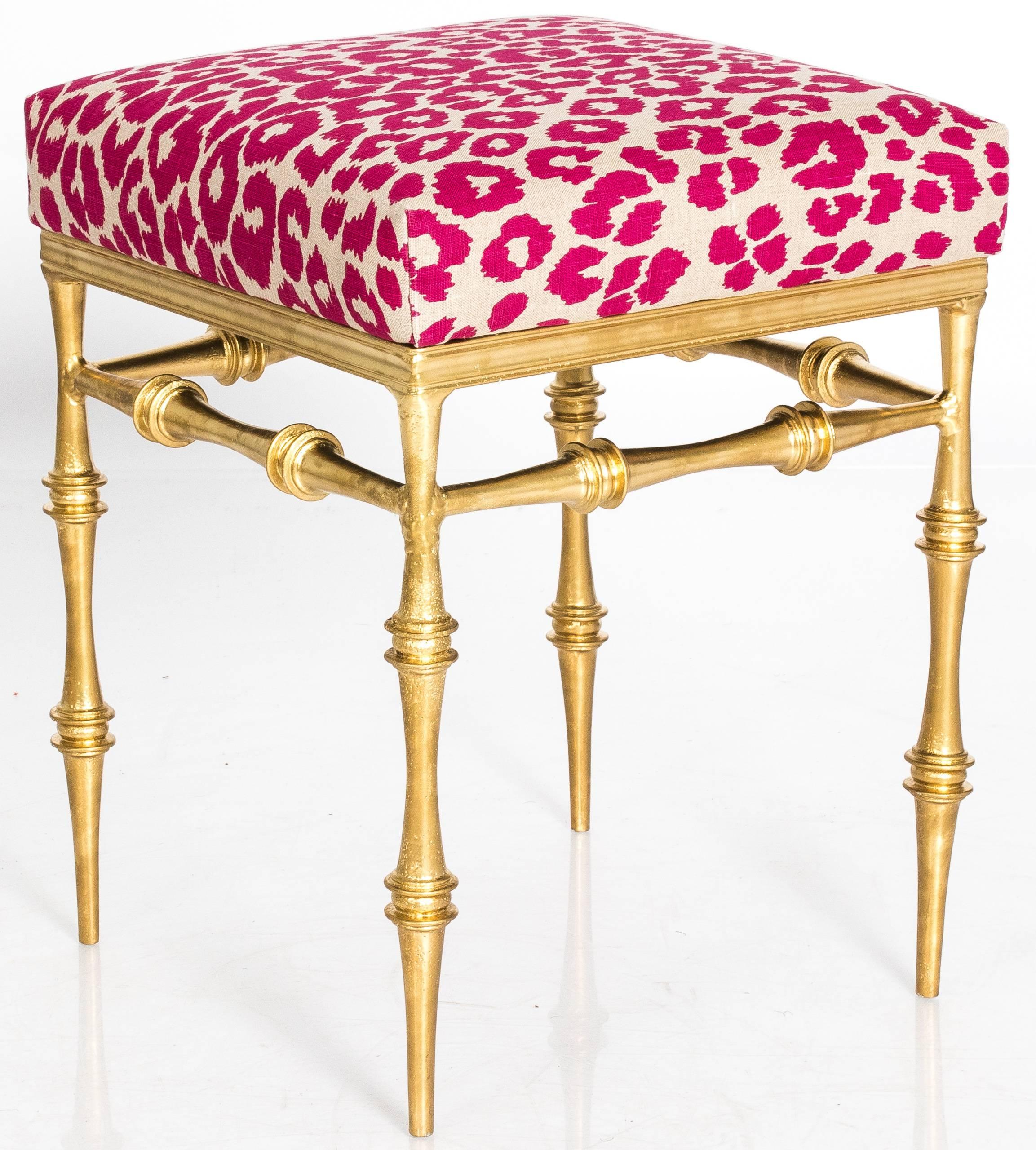 Chinoiserie Pair of Gilt Metal Pink Leopard Benches