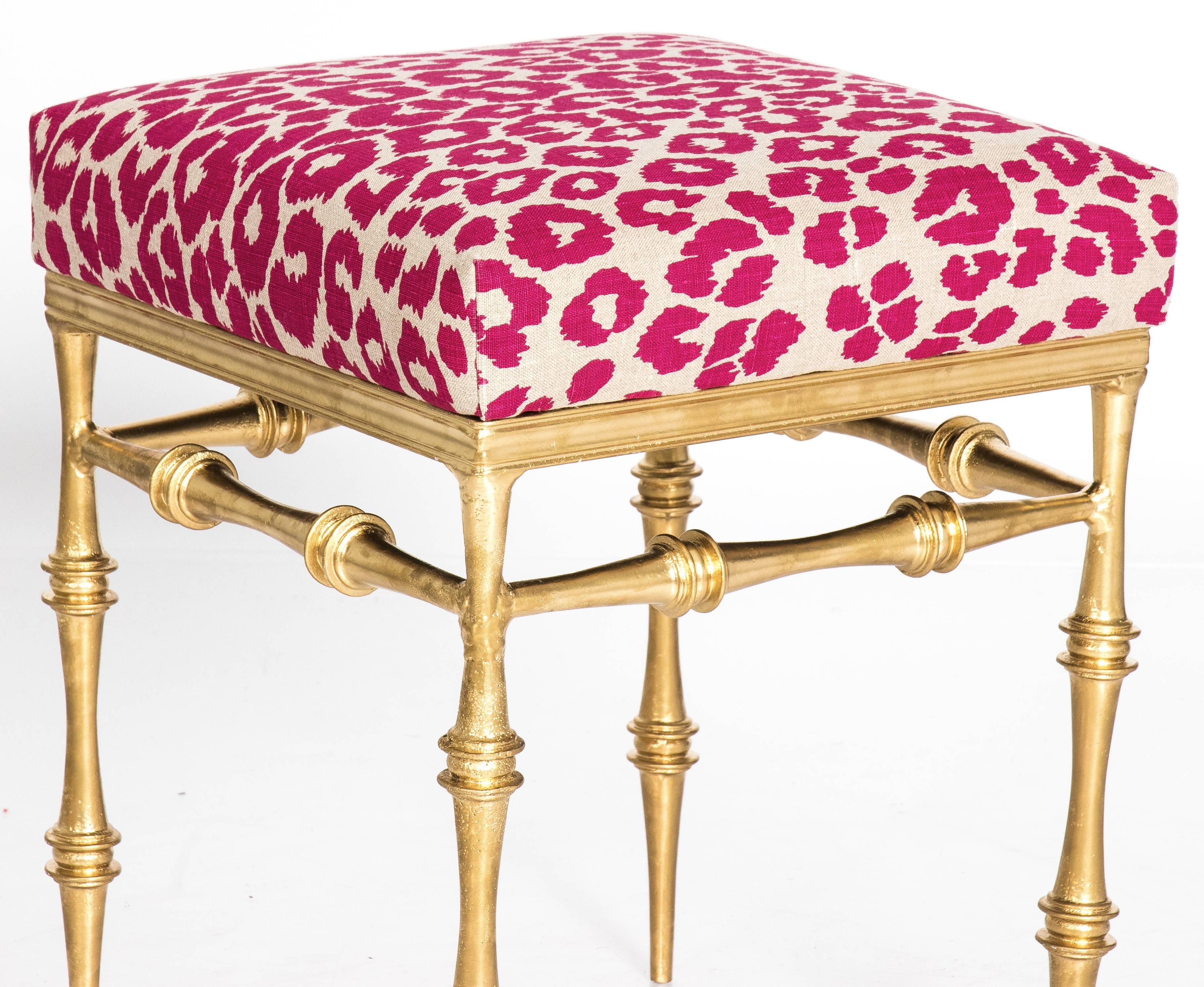 American Pair of Gilt Metal Pink Leopard Benches