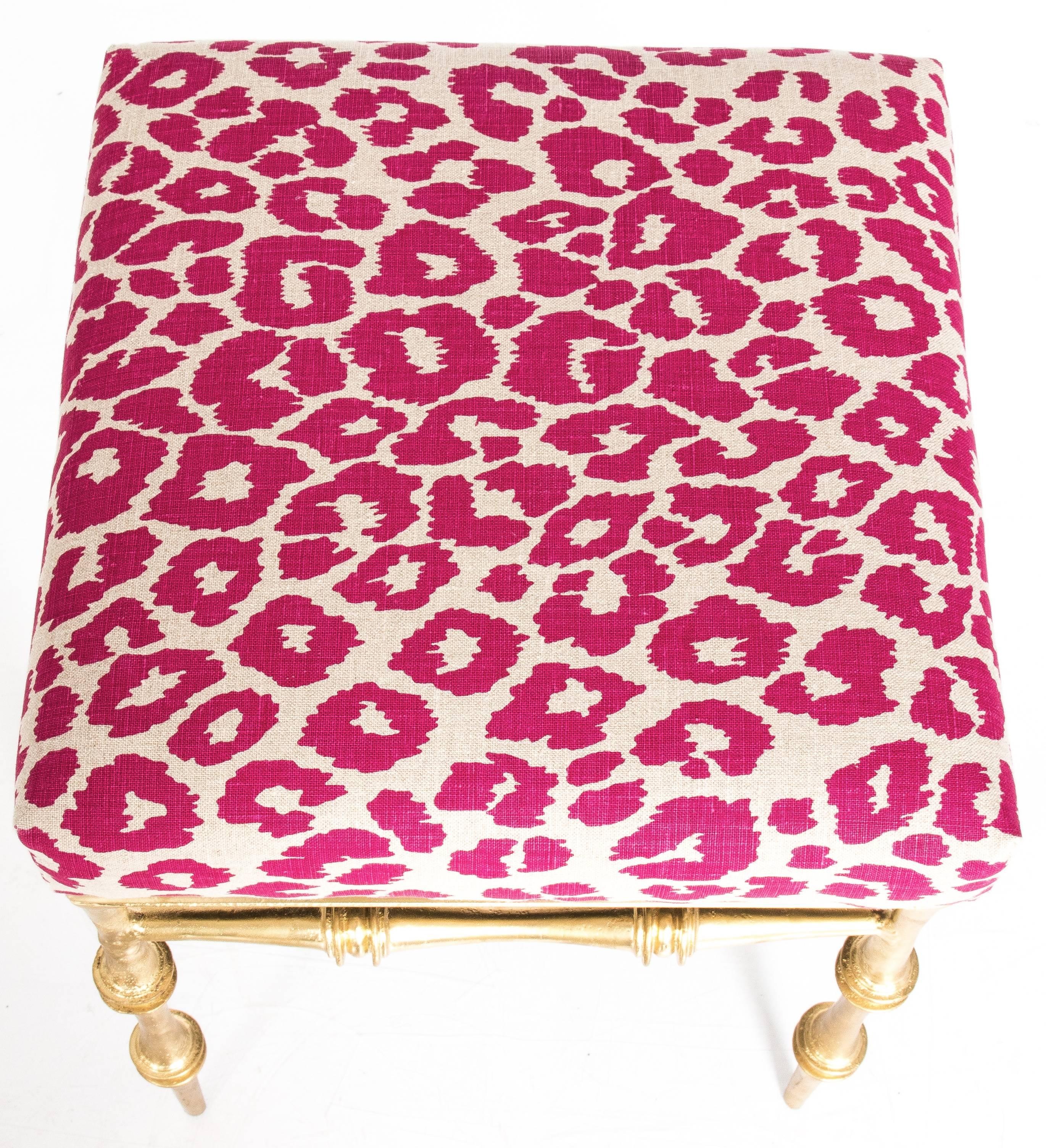 Pair of Gilt Metal Pink Leopard Benches In Excellent Condition In Stamford, CT