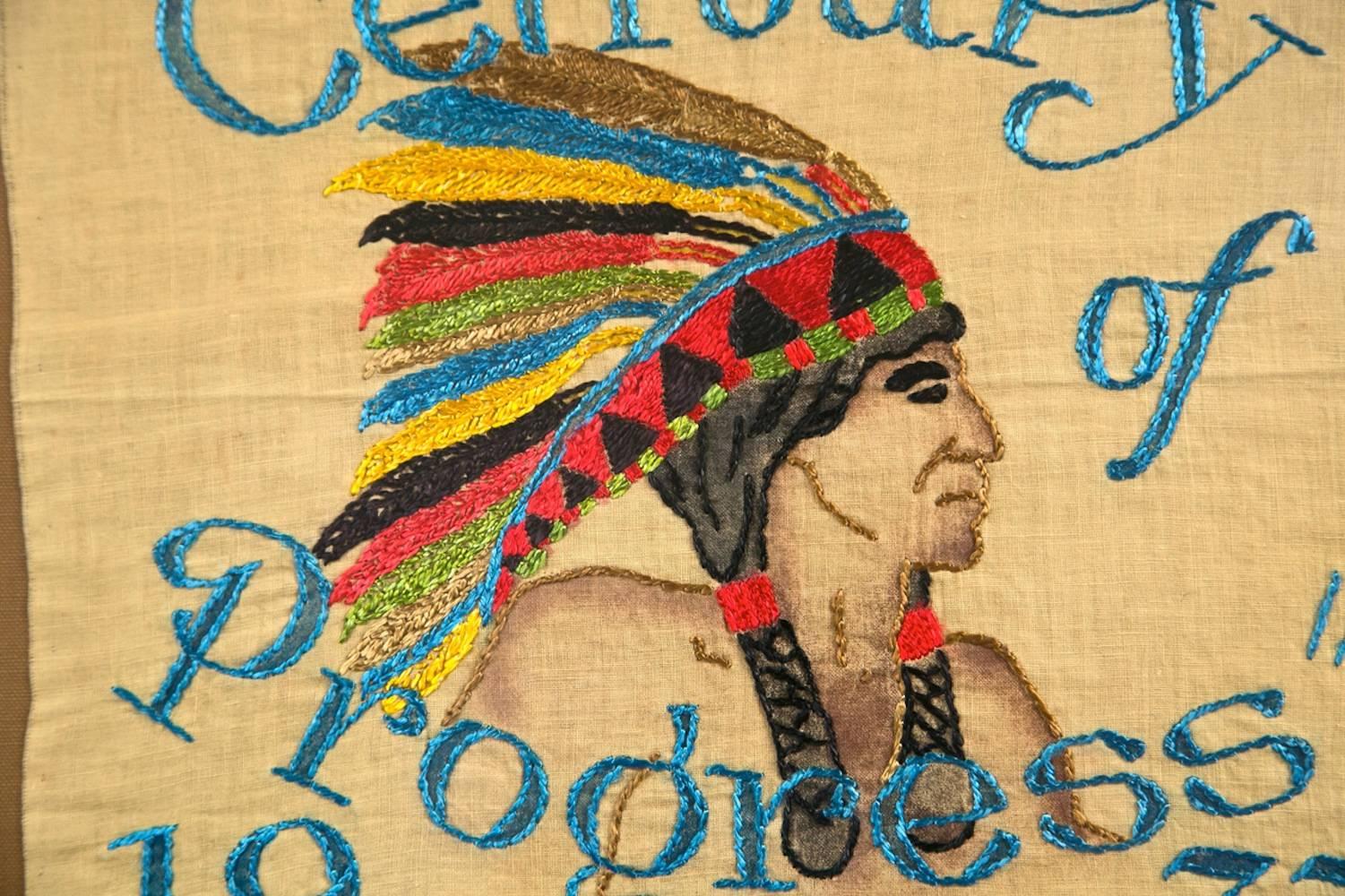 Folk Art 1933 Chicago World's Fair Century of Progress Framed Souvenir Tapestry
