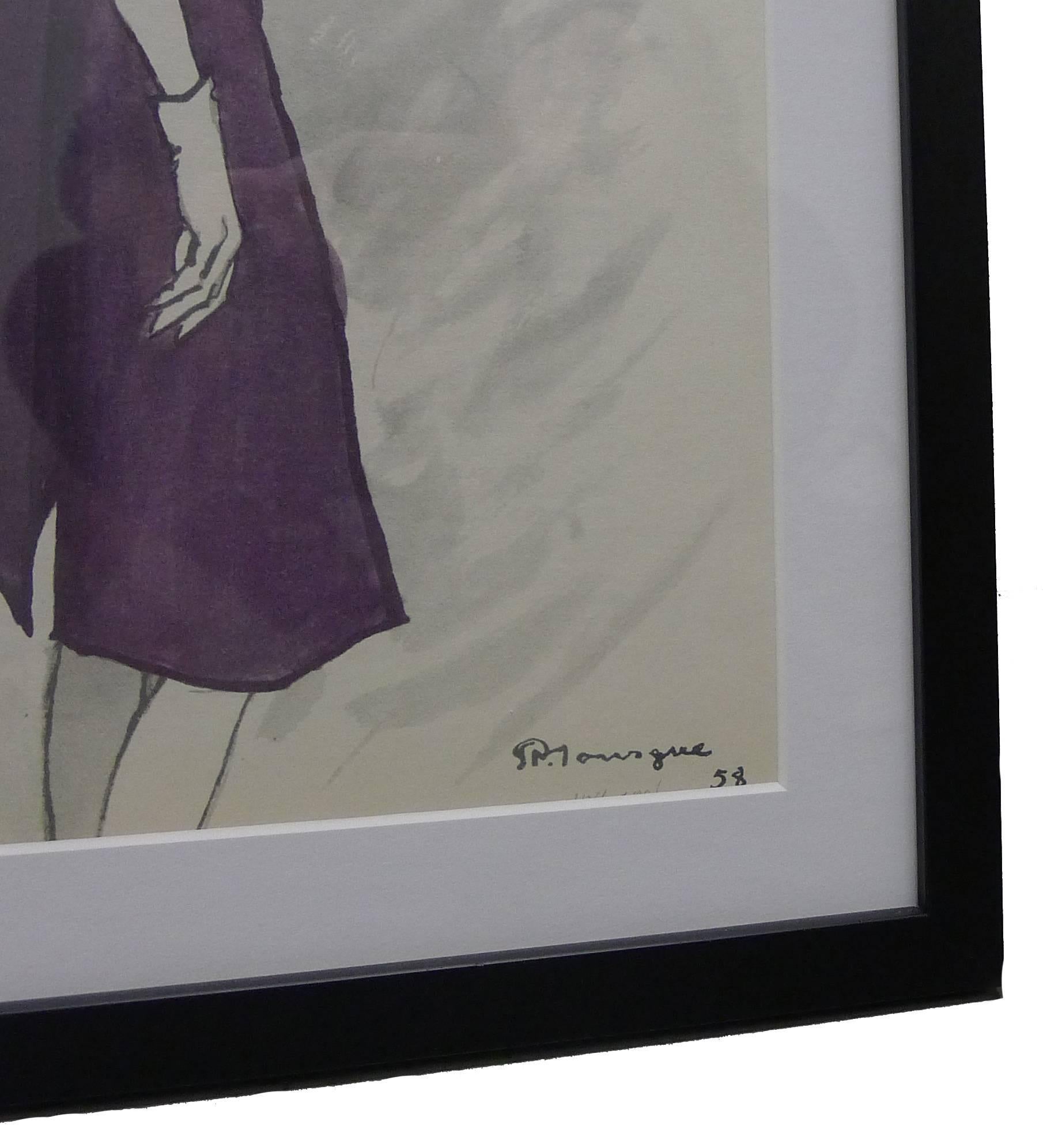 Balenciaga 1958 Fashion Illustration by Pierre Mourgue Framed In Good Condition In Stamford, CT