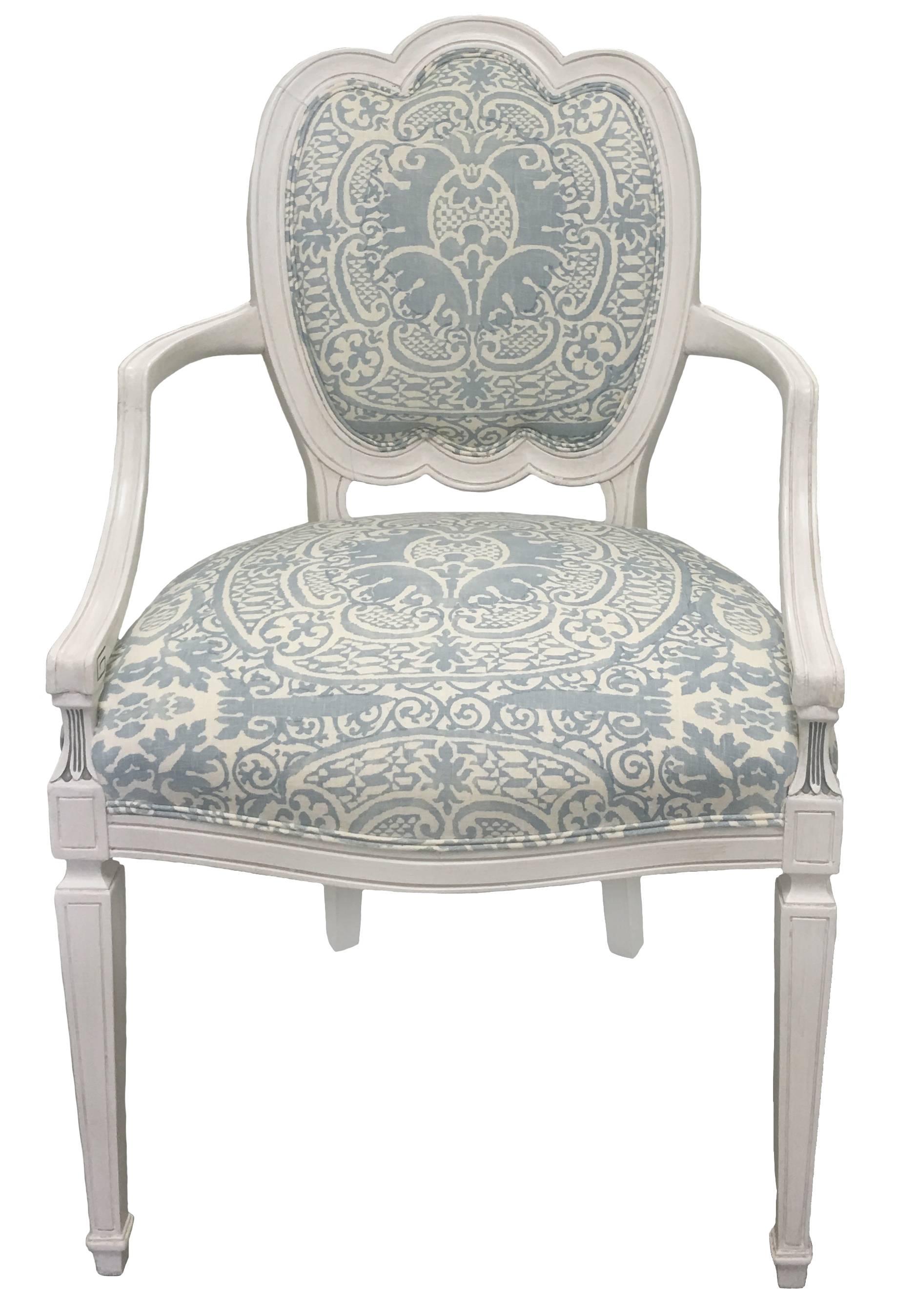 American Pair of White Hepplewhite Style Quadrille Upholstered Armchairs