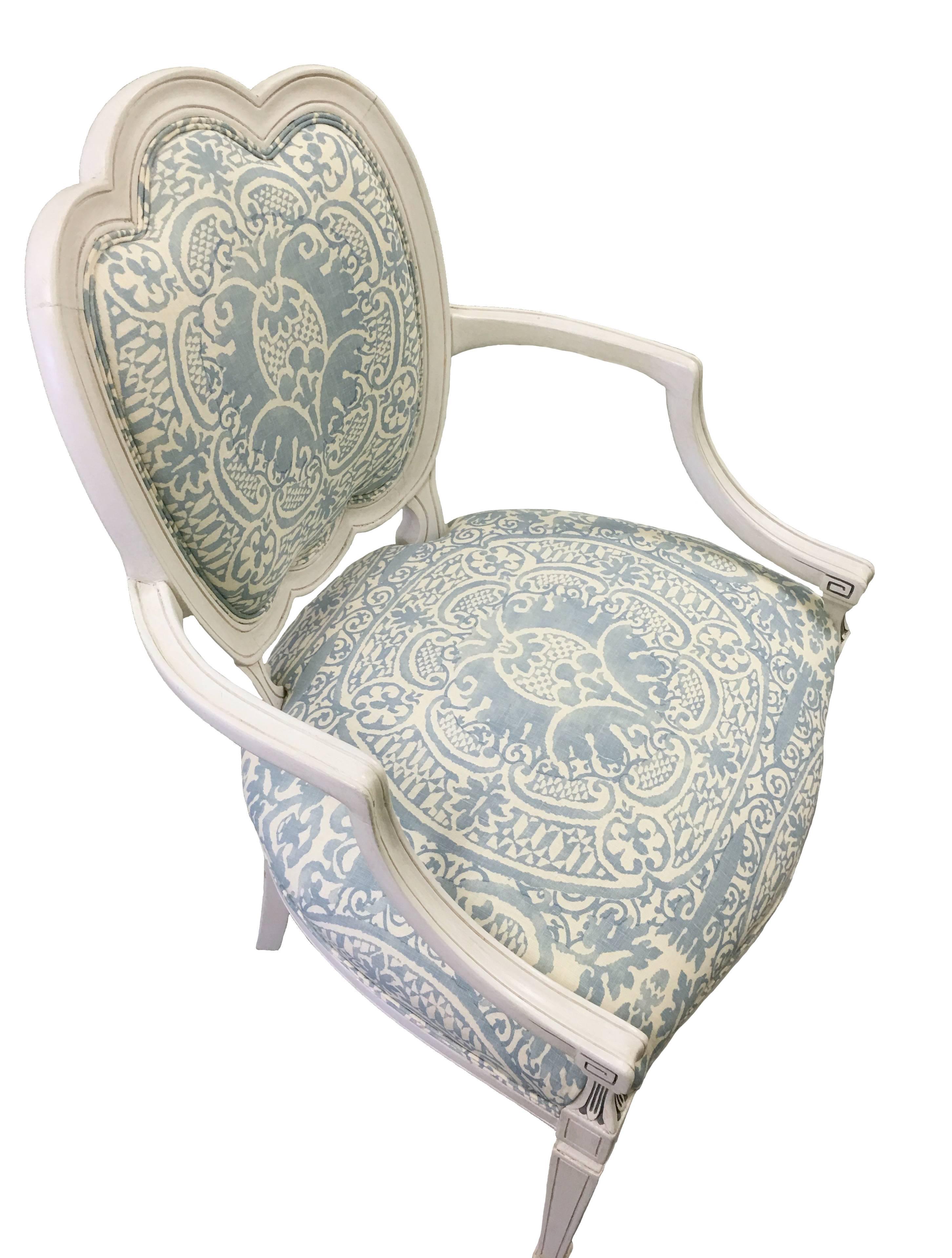 Painted Pair of White Hepplewhite Style Quadrille Upholstered Armchairs