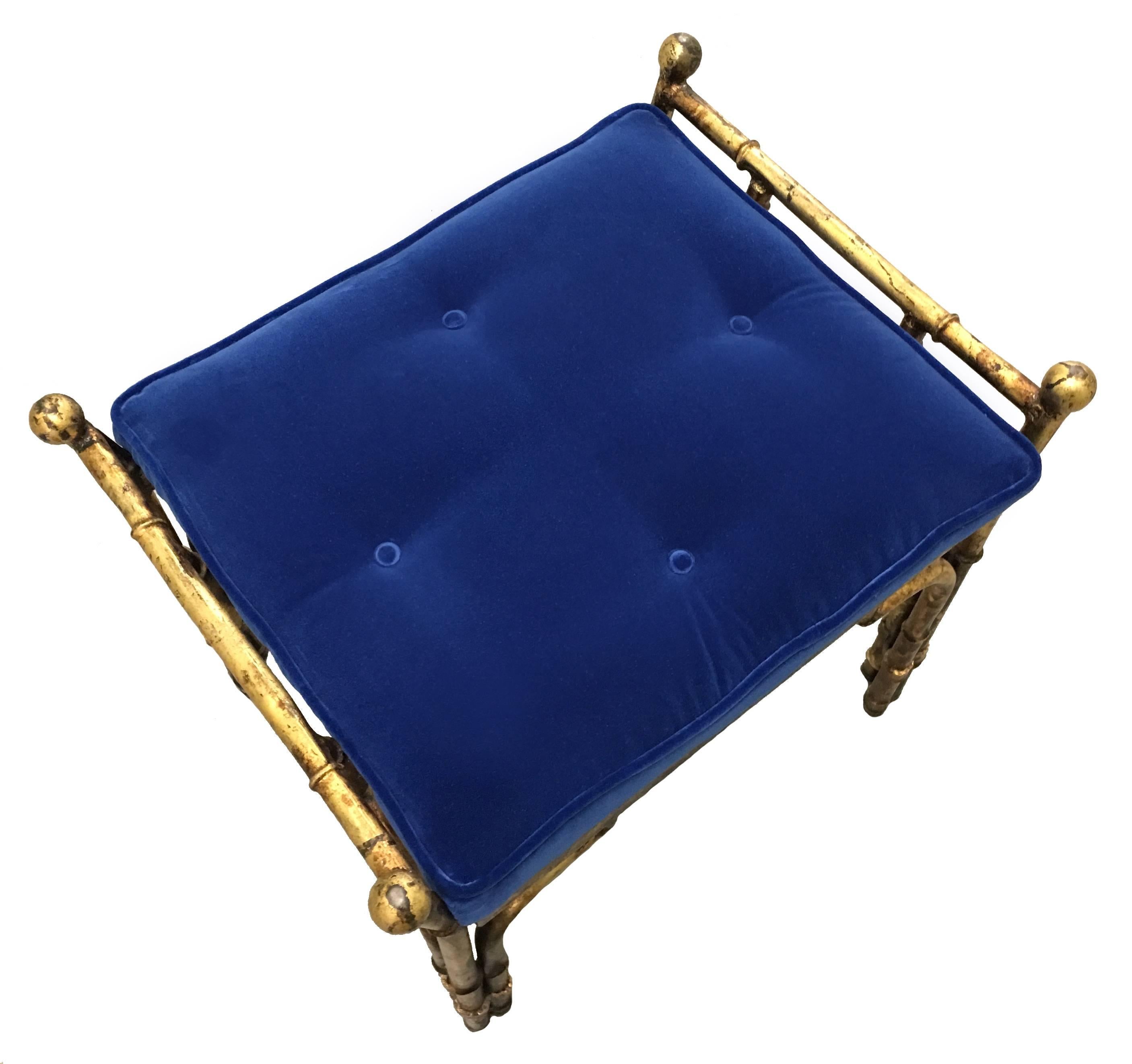 Chinoiserie Gold Gilt Faux Bamboo and Blue Velvet Bench