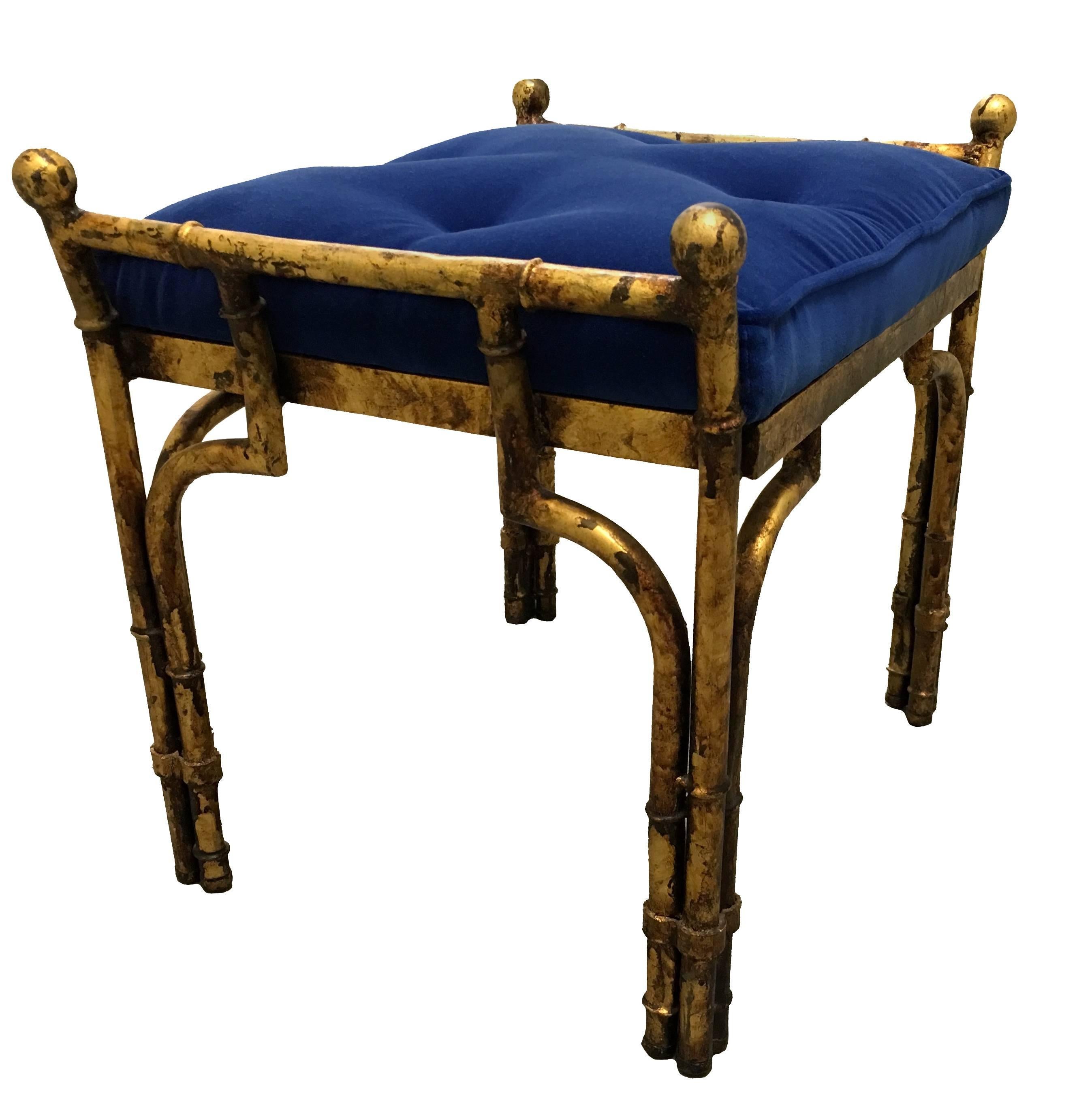 American Gold Gilt Faux Bamboo and Blue Velvet Bench