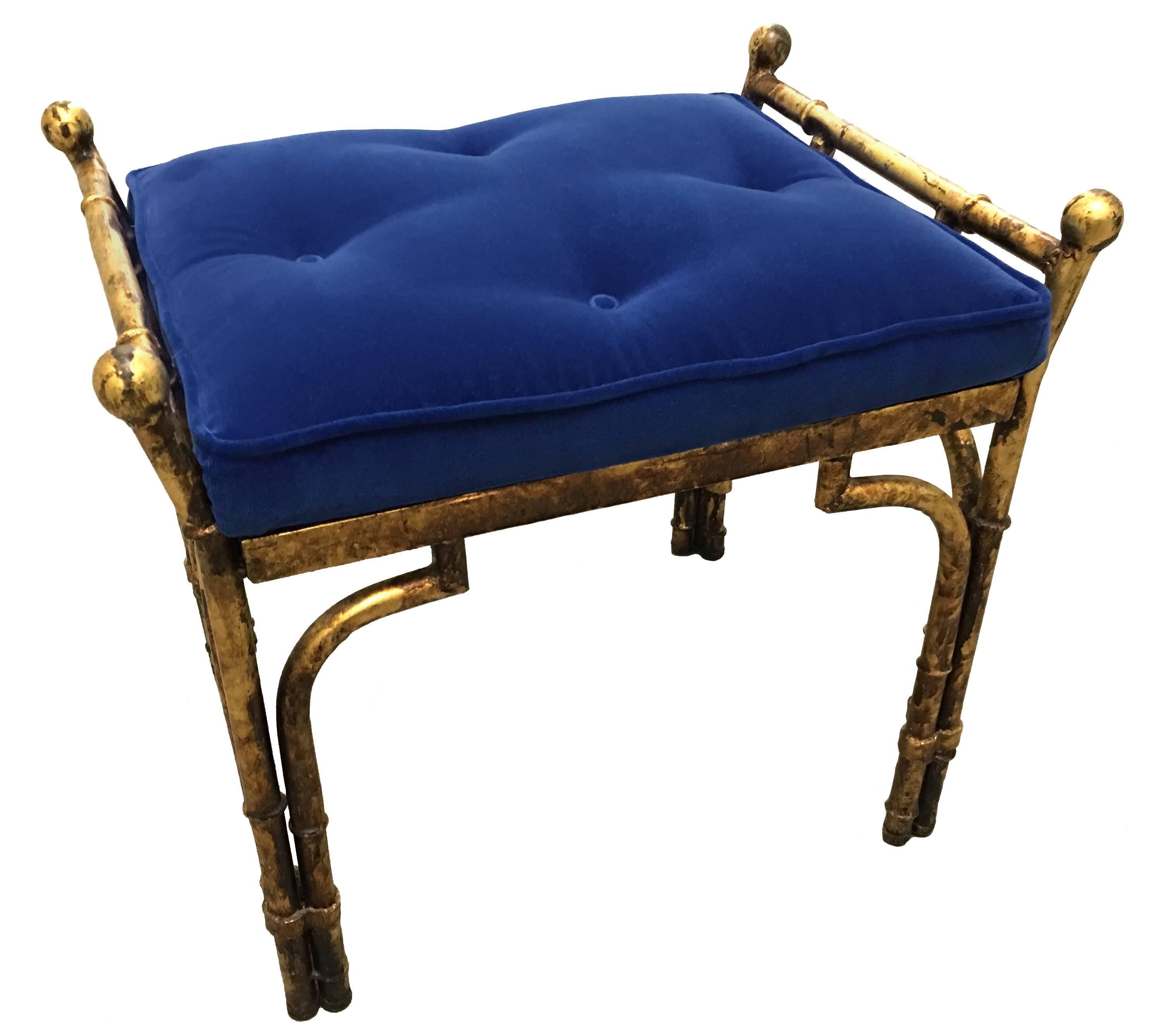 Gold Gilt Faux Bamboo and Blue Velvet Bench In Good Condition In Stamford, CT
