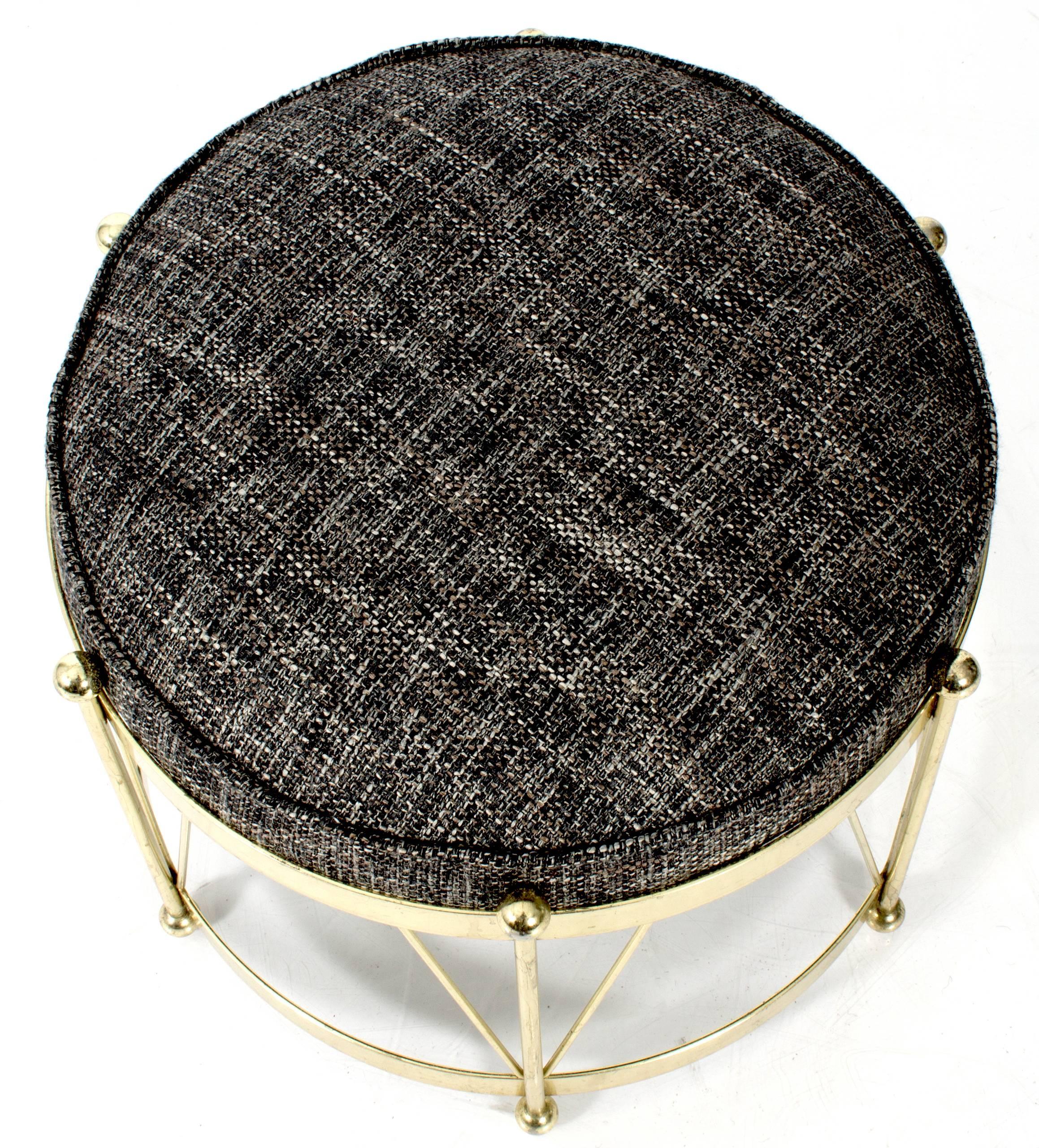 Mid-Century Modern round polished brass drum stool by George Koch. Newly upholstered in black, white and beige with bouclé´ fabric.