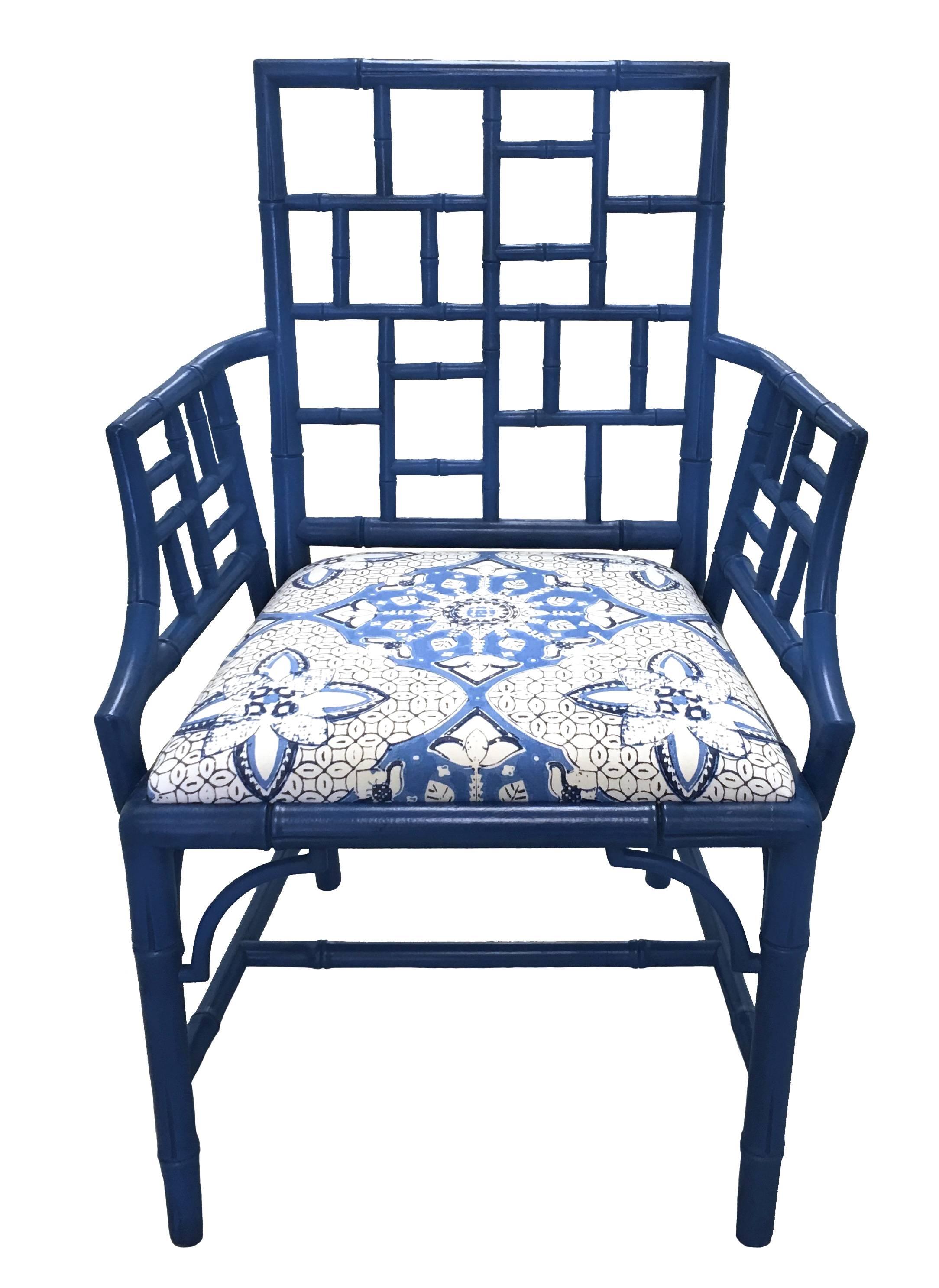 Pair of Chinese Chippendale style armchairs. Newly painted in an antique medium blue finish. Faux bamboo detailing. Newly upholstered in Quadrille 'New Batik' fabric in blue/white.