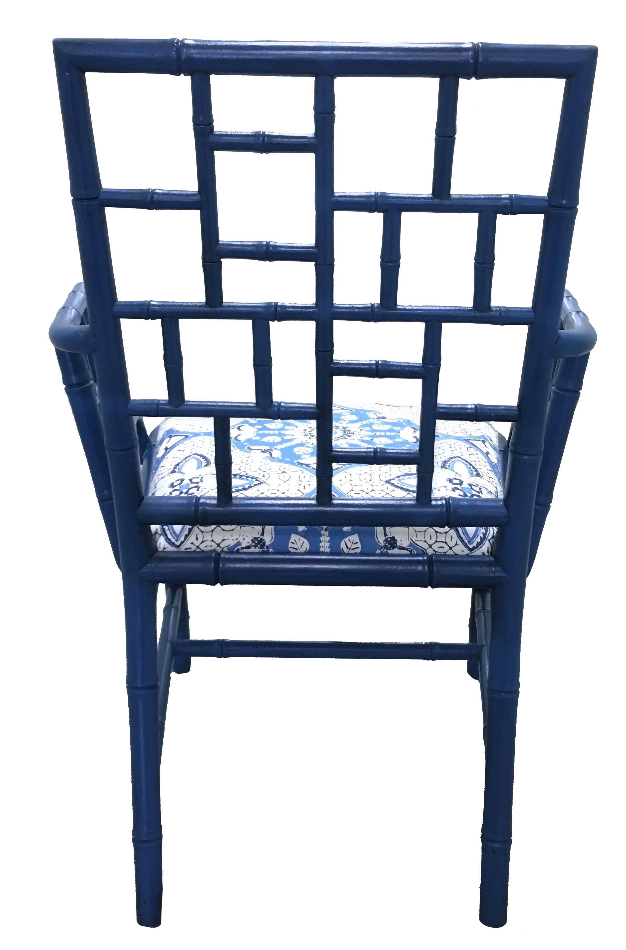 Late 20th Century Pair of Blue Chinese Chippendale Style Armchairs