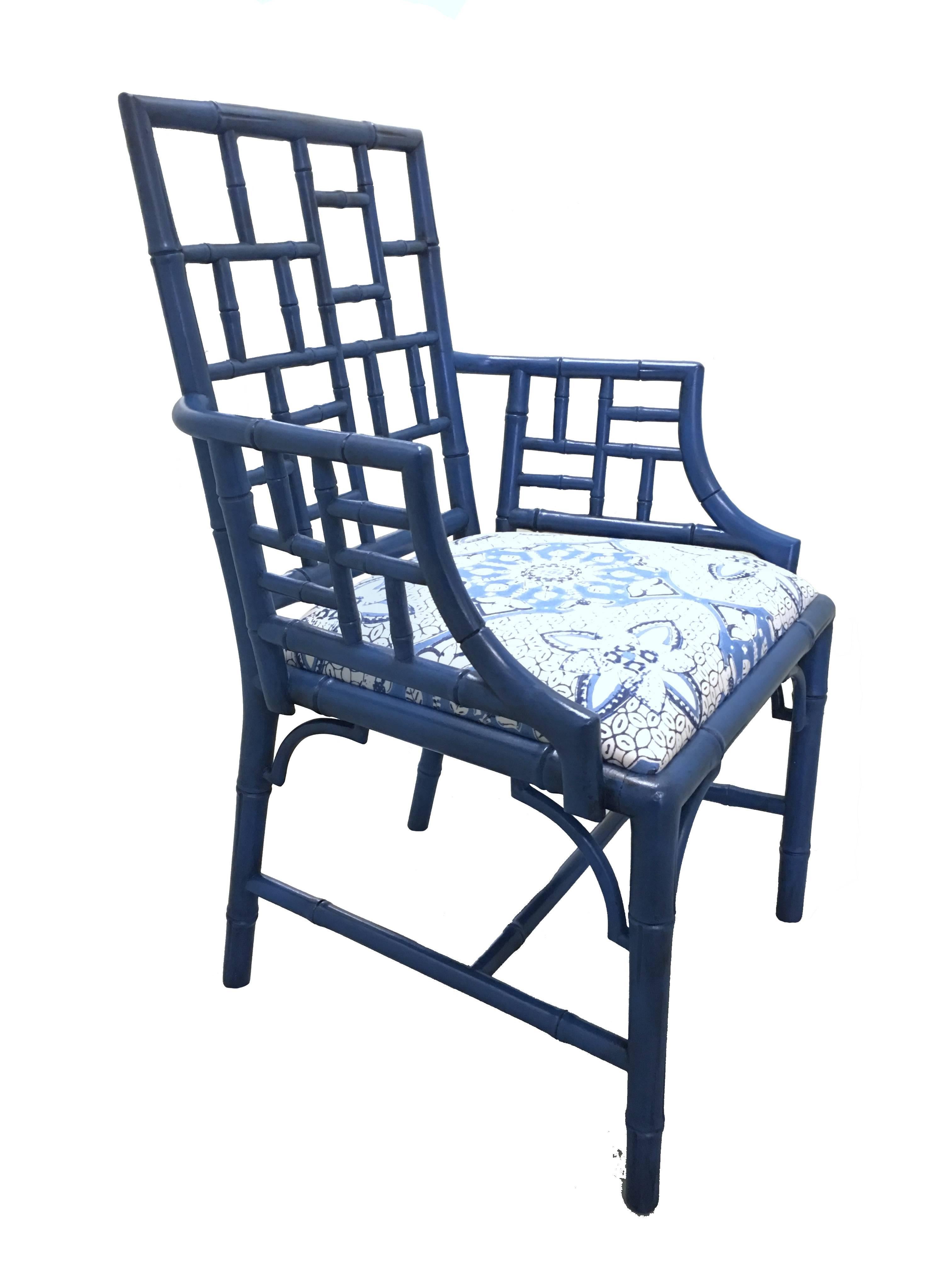 Fabric Pair of Blue Chinese Chippendale Style Armchairs