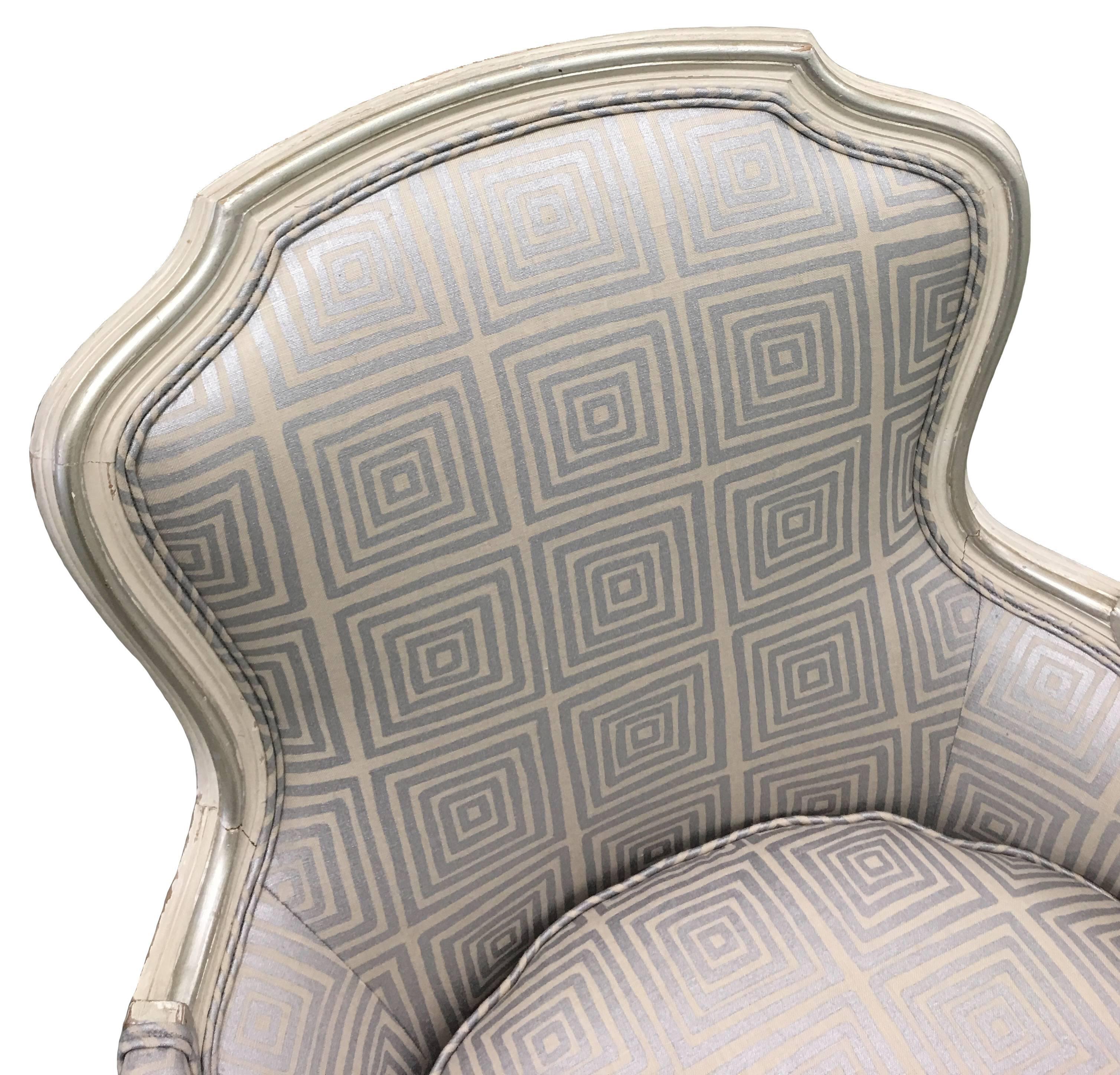 French Newly Upholstered Louis XV Style Silver Painted Bergere Chair