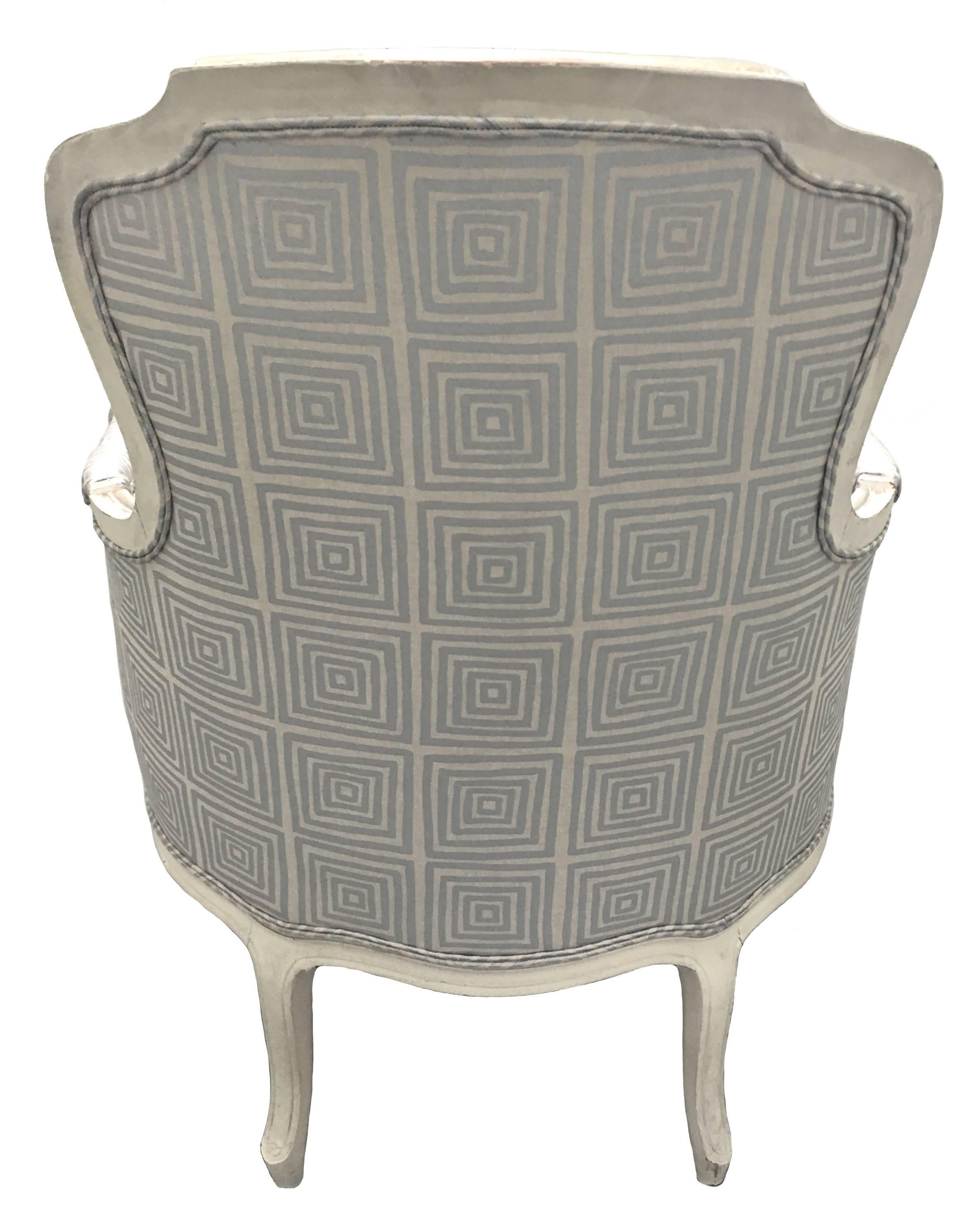 20th Century Newly Upholstered Louis XV Style Silver Painted Bergere Chair