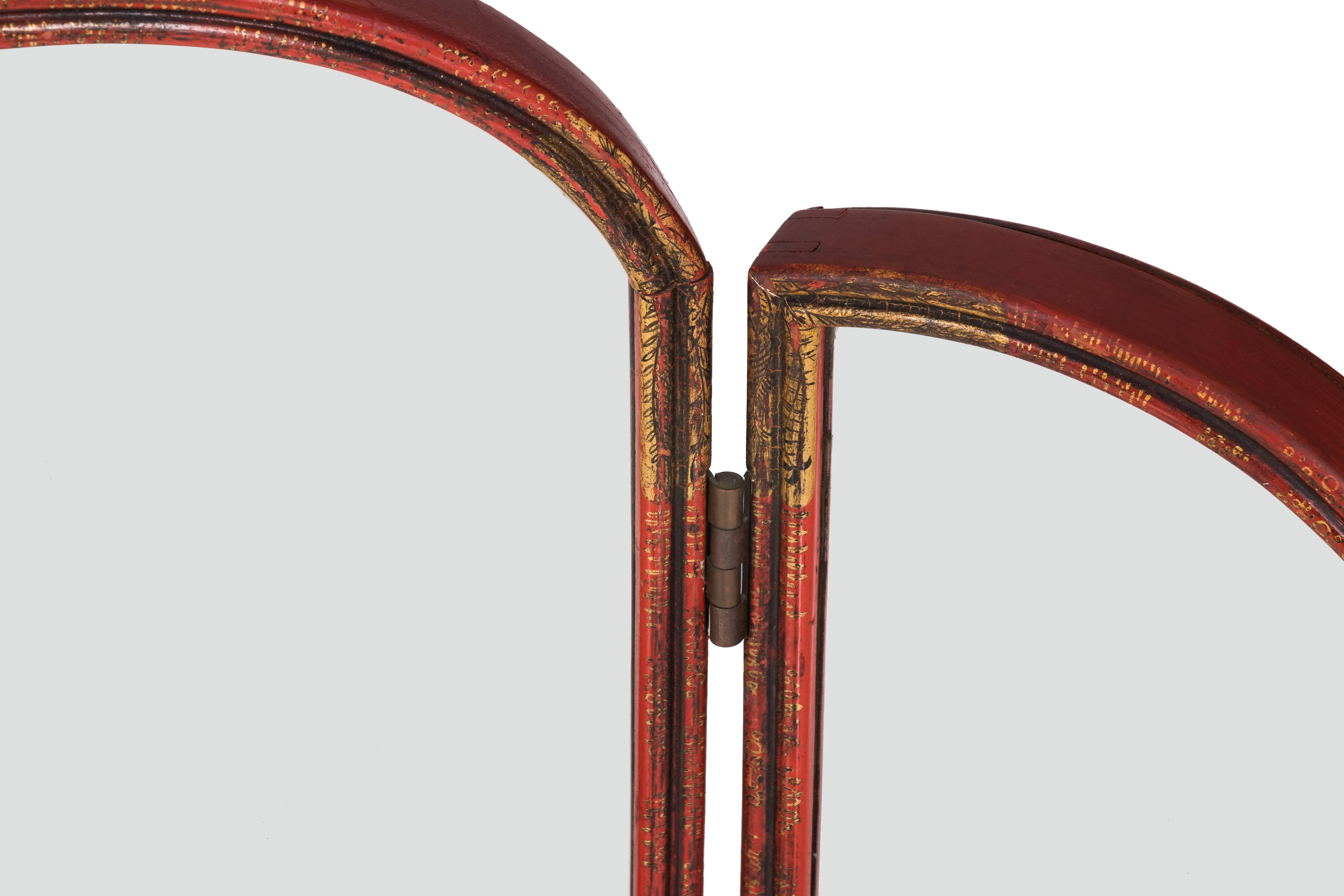 English Red Painted Chinoiserie Tri-Fold Vanity Mirror