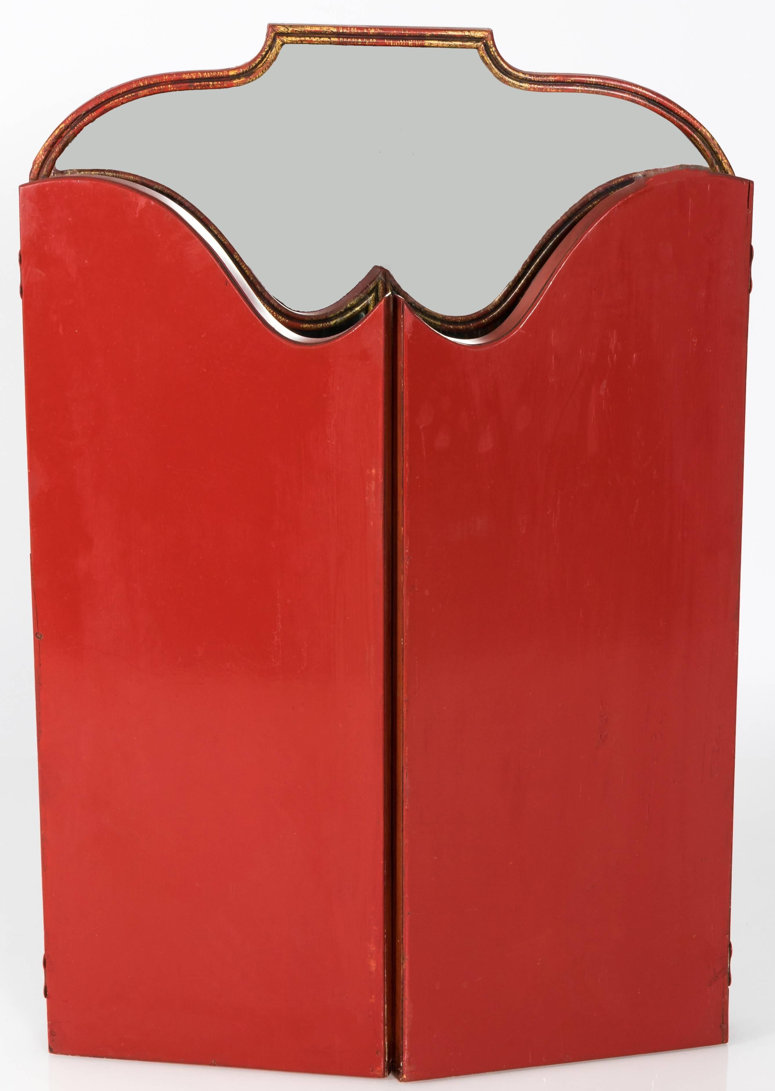 Red Painted Chinoiserie Tri-Fold Vanity Mirror 1