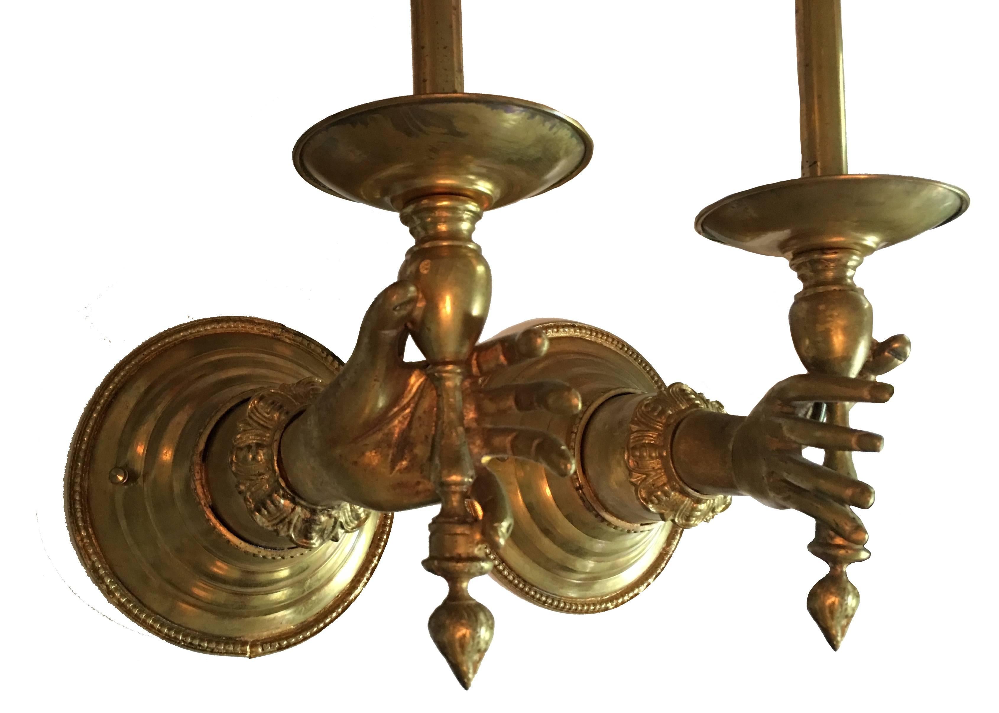 Pair of 1880s Victorian Brass Hand Sconces In Excellent Condition In Stamford, CT