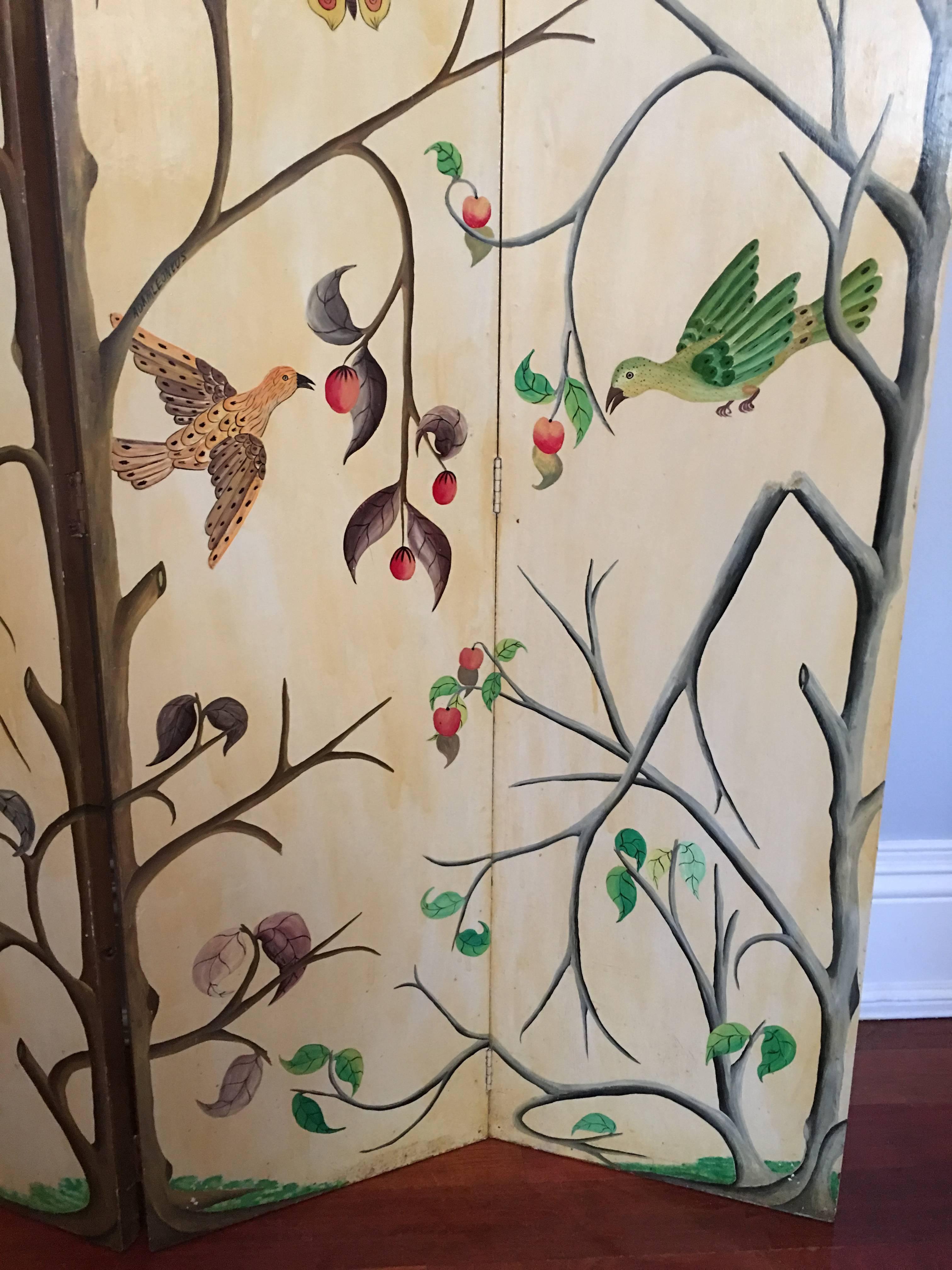 Wood 1950s Painted Haitian Folding Screen by Adam Leontus