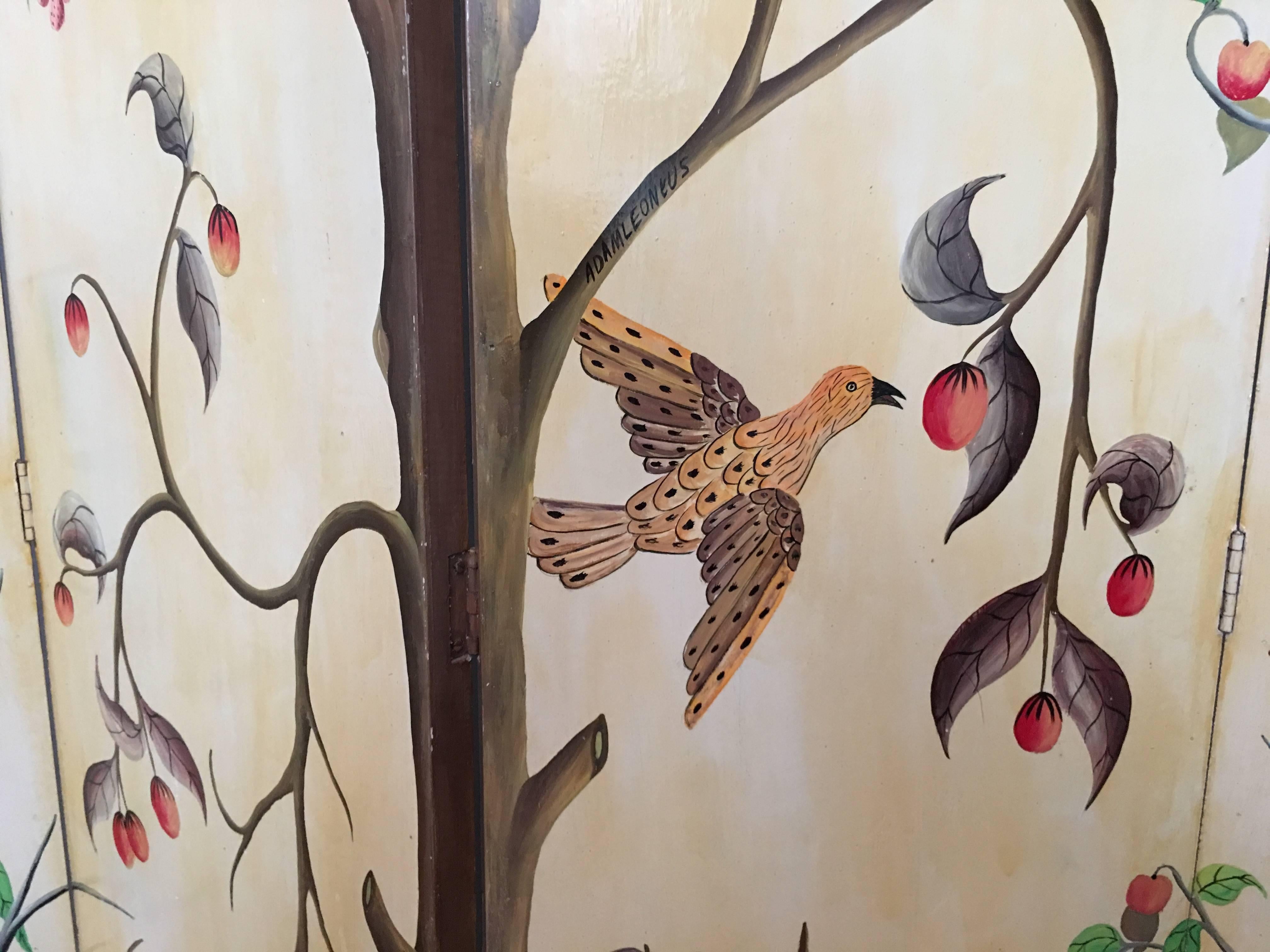 1950s Painted Haitian Folding Screen by Adam Leontus 2