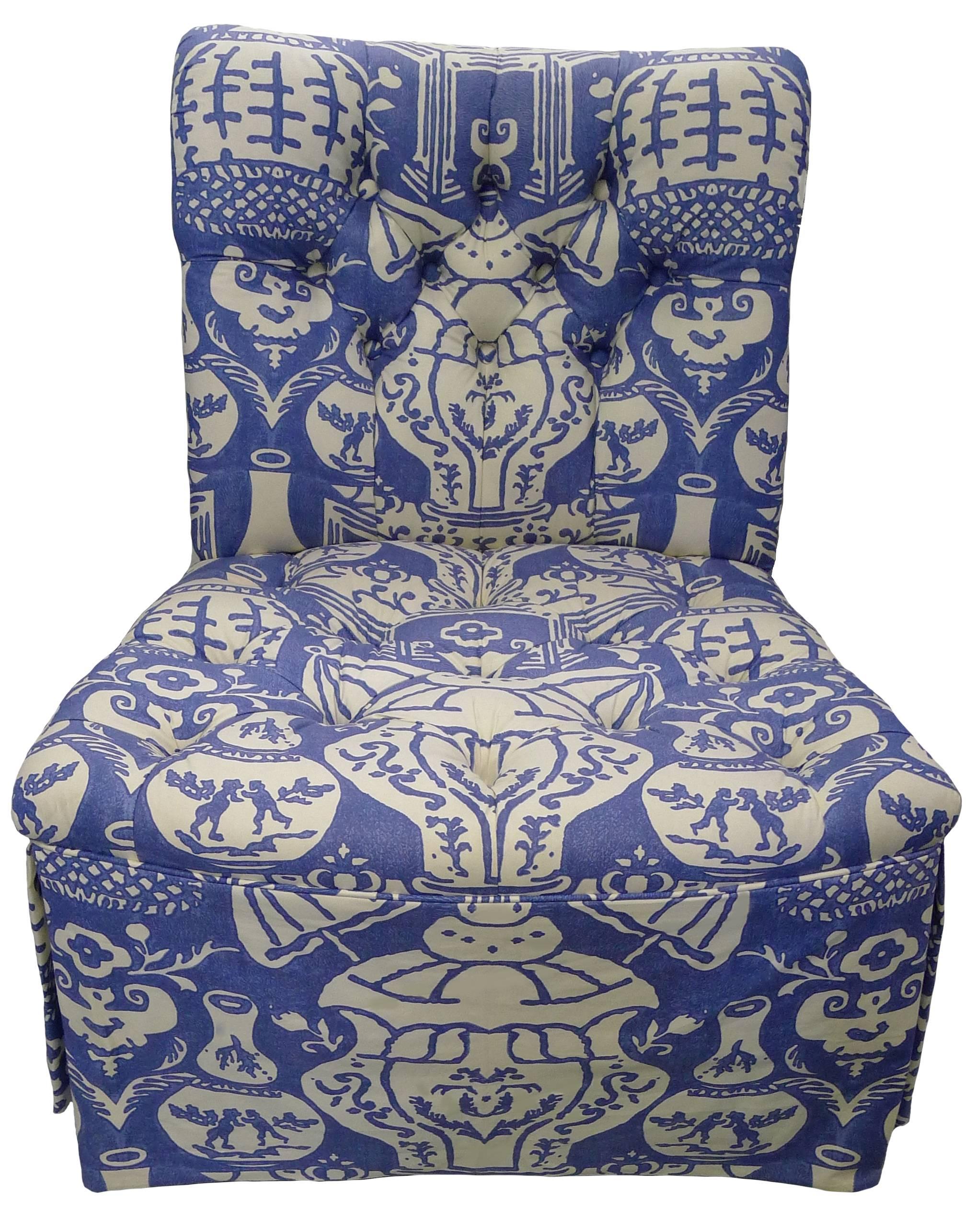 1940s slipper chair newly upholstered in vintage, 1970s, David Hicks The Vase print fabric in blue/ off-white. 
This striking, au courant fabric was purchased on the bolt and chosen especially for this glamorous well proportioned, 1940s slipper