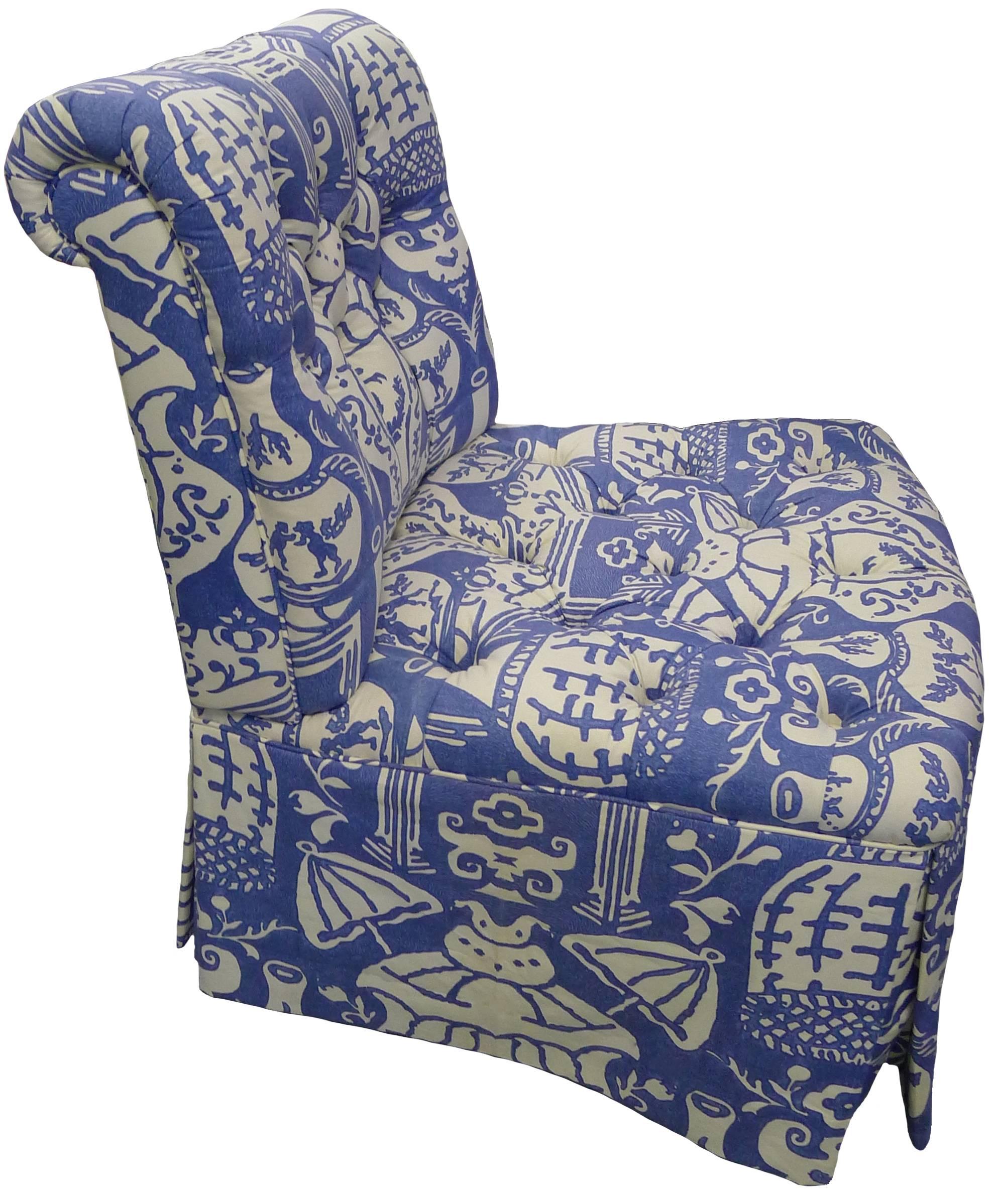 David Hicks the Vase Blue Upholstered Slipper Chair (Chinoiserie)
