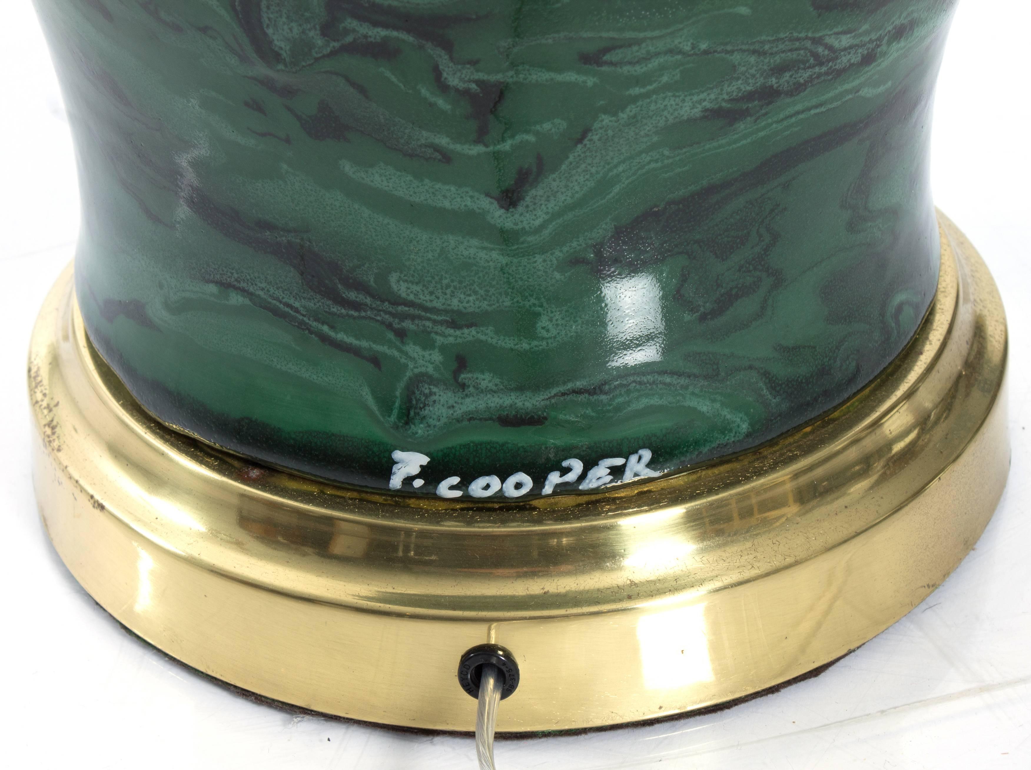 American Green Faux Malachite Ceramic and Brass Lamp by Frederick Cooper