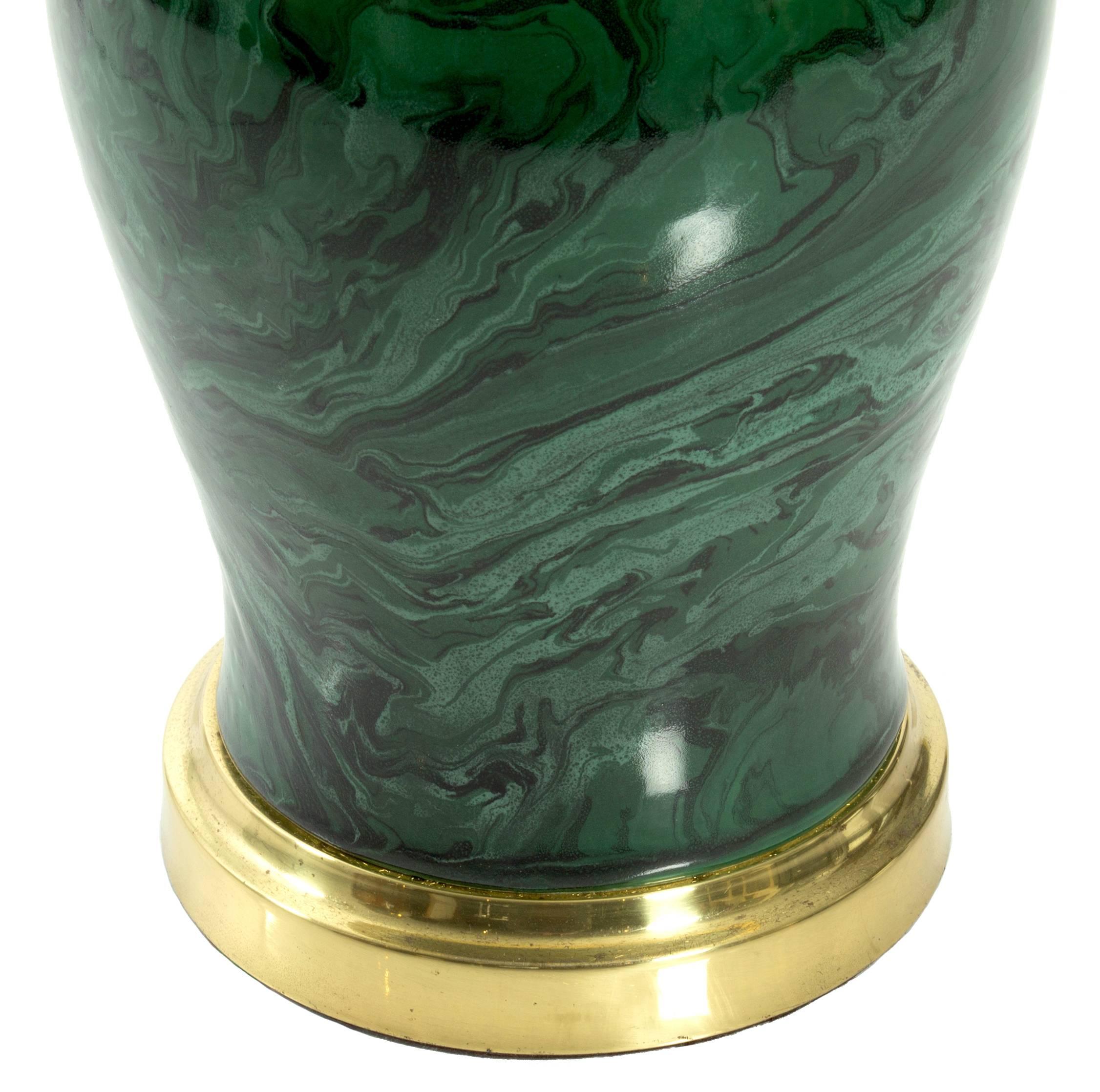 Mid-Century Modern Green Faux Malachite Ceramic and Brass Lamp by Frederick Cooper