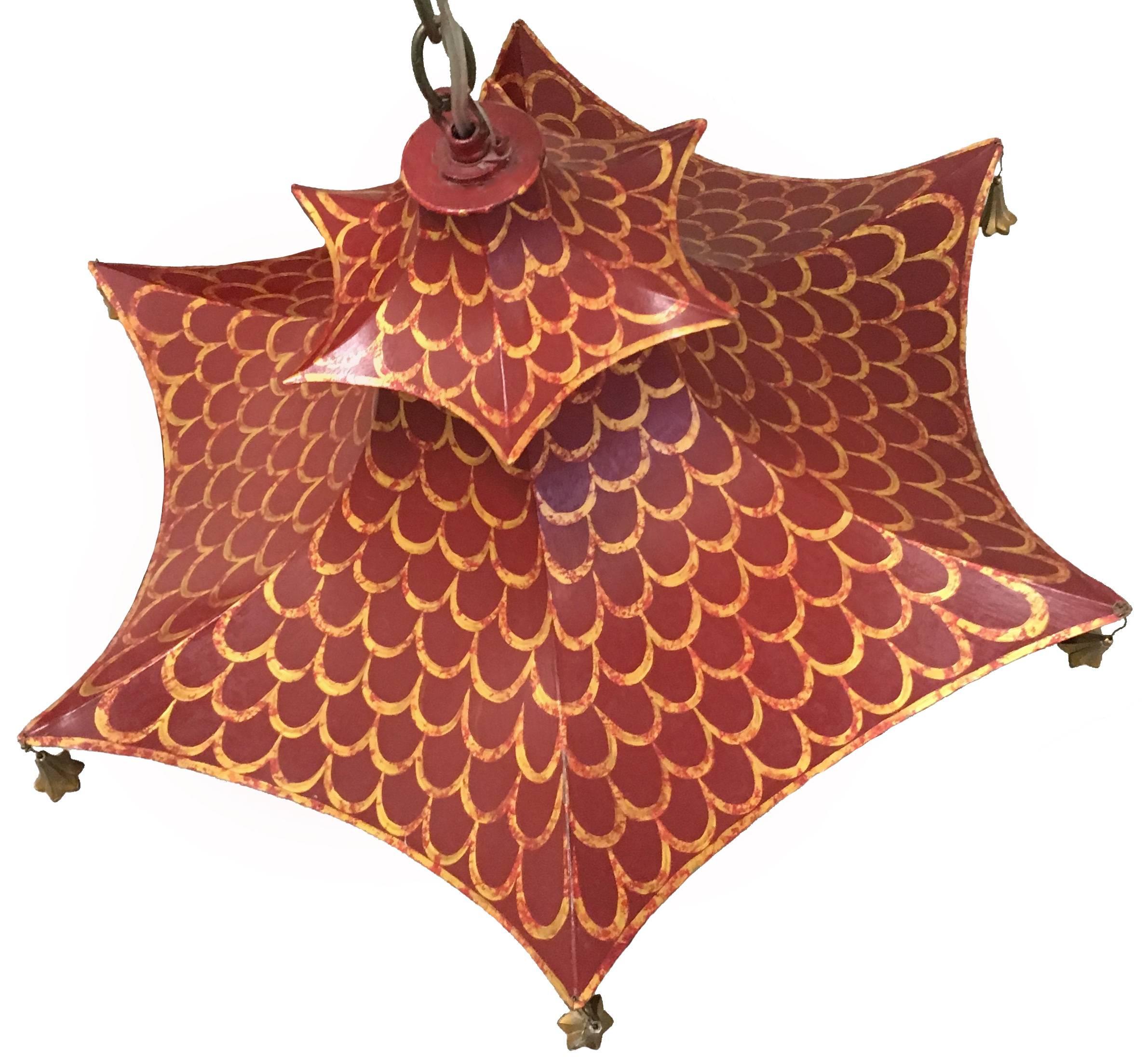 Painted Custom Red and Gold Chinoiserie Pagoda Chandelier