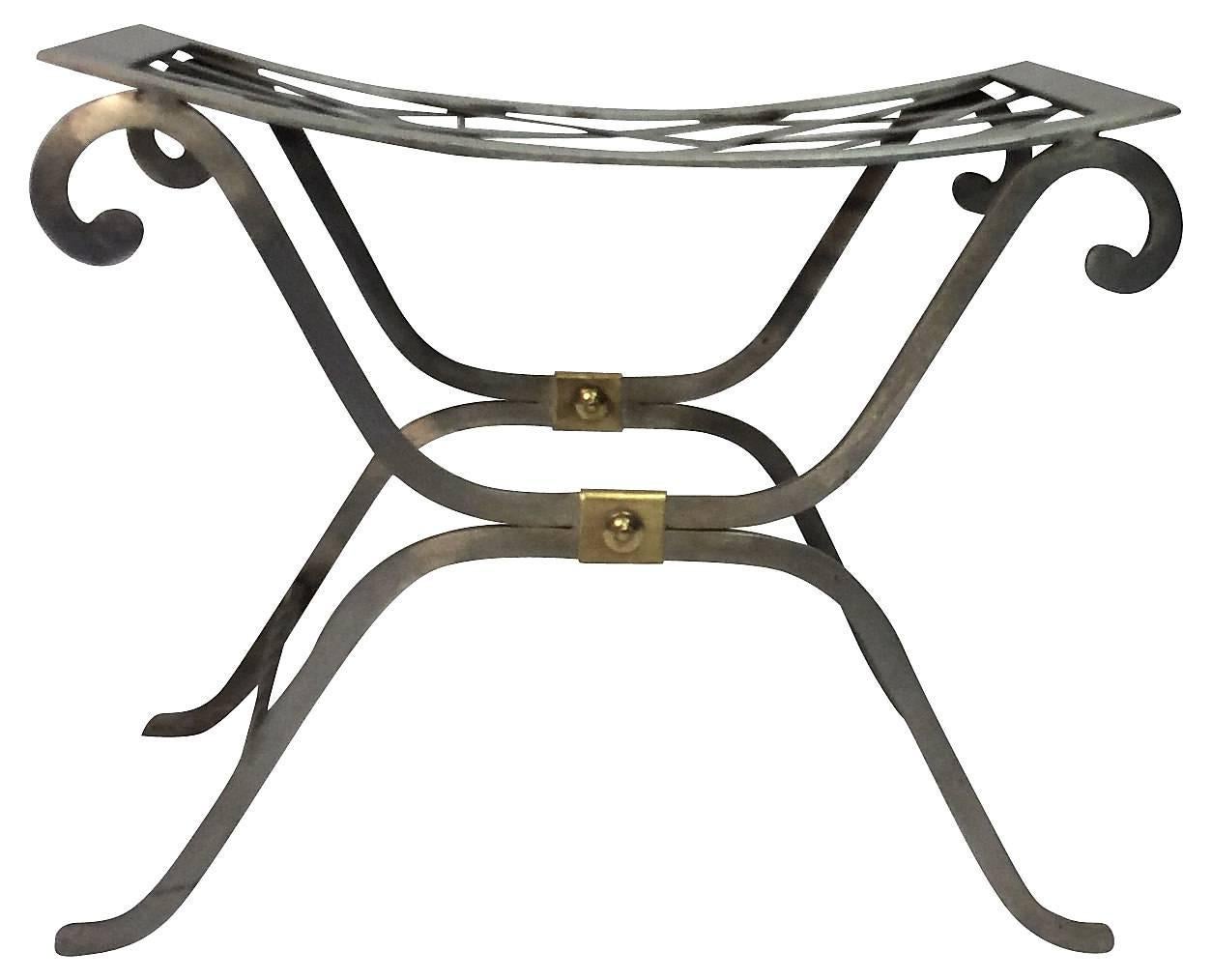 Campaign 1950s French Maison Jansen Style Steel and Brass Bench