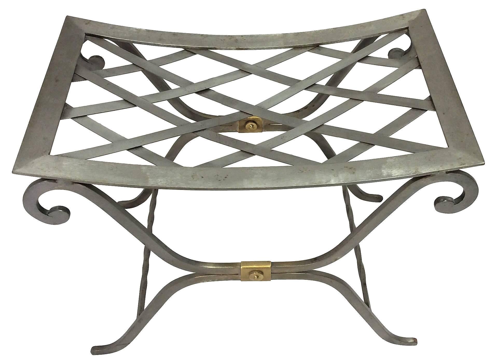 Mid-20th Century 1950s French Maison Jansen Style Steel and Brass Bench