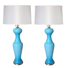 Vintage Pair of Mid-Century Murano Blue Glass Lamps