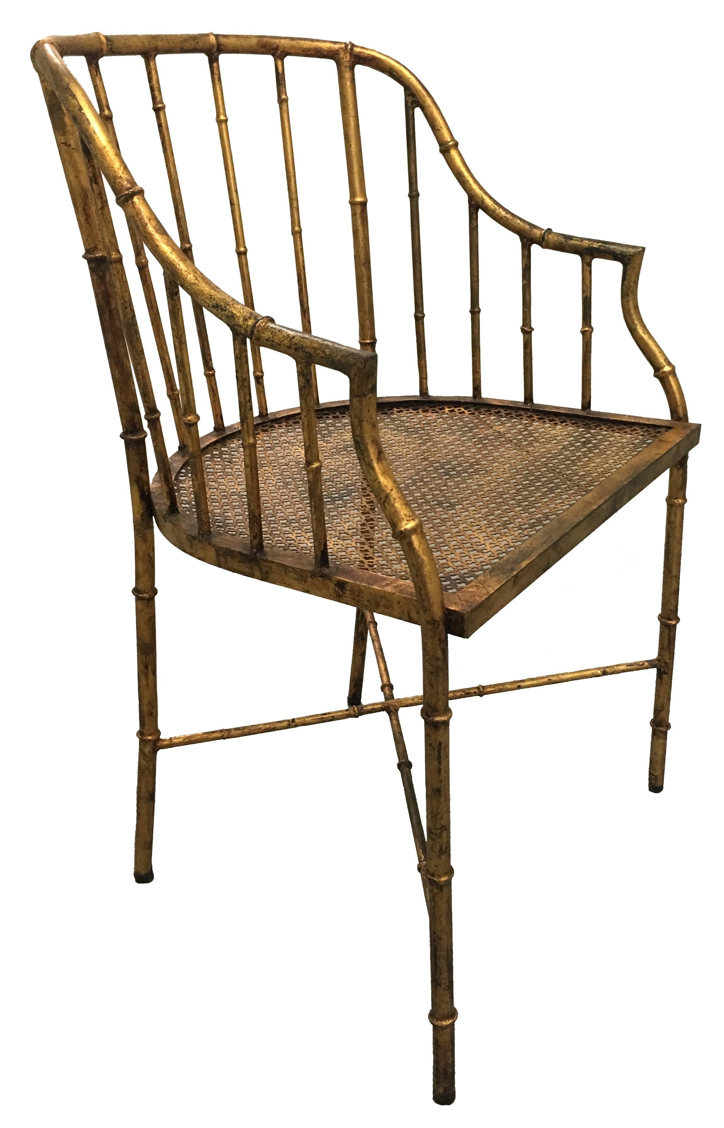 Burnished gilt metal bamboo armchair by La Barge. Seat is 17.5" H.
