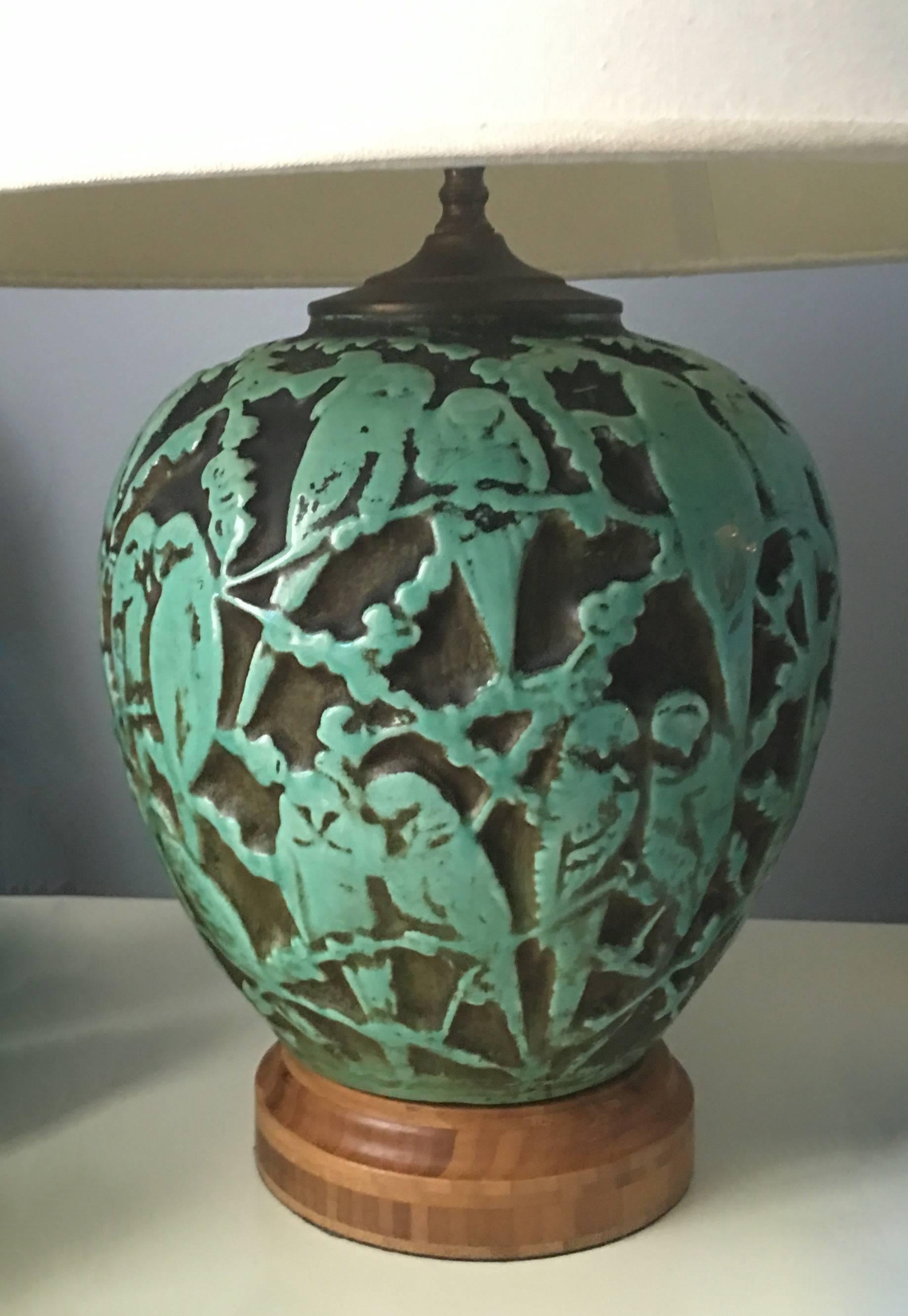 20th Century Green Parakeet Bird Motif Glass Table Lamp