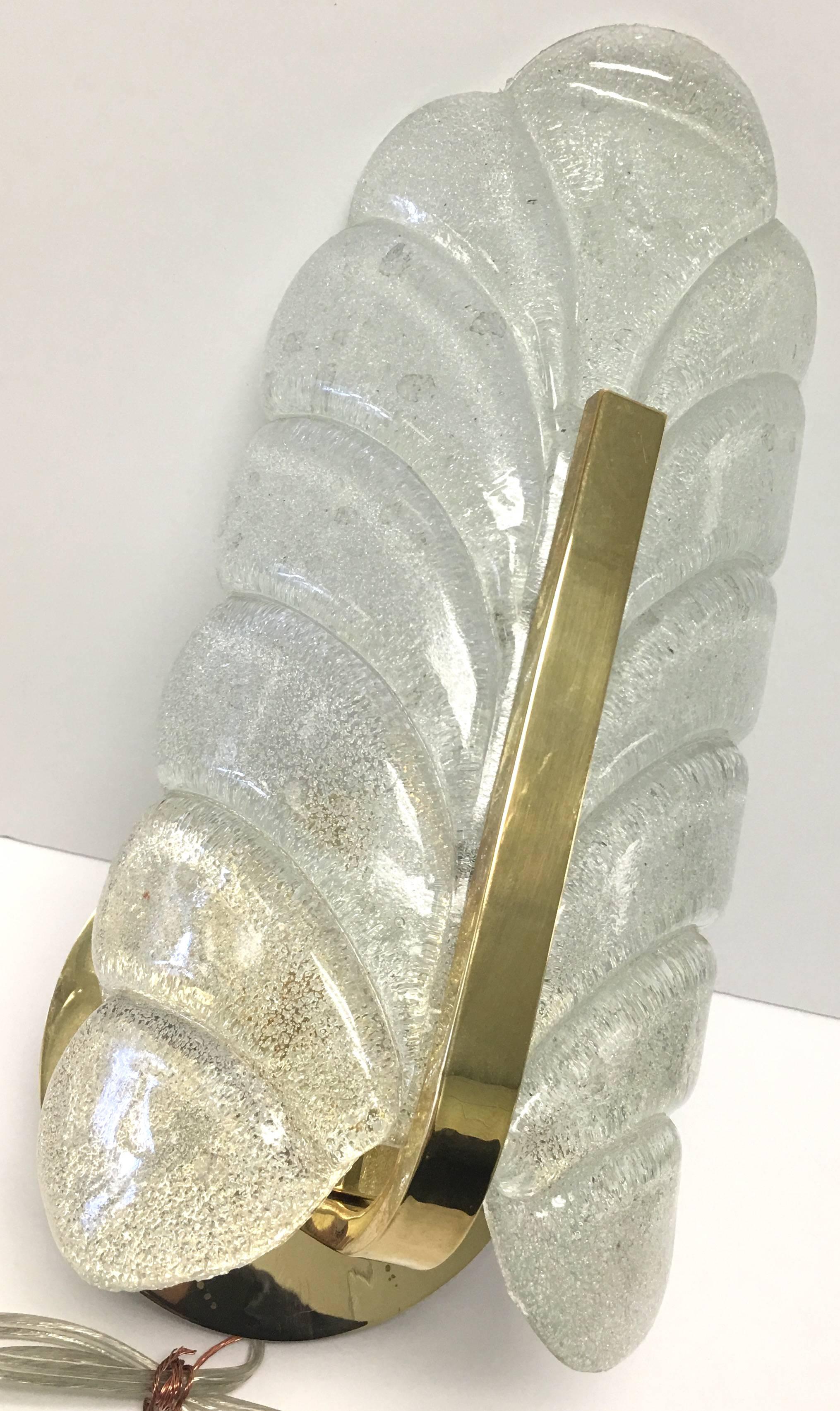 Polished 1960s Glass Leaf and Brass Wall Sconces by Carl Fagerlund for Orrefors, Pair