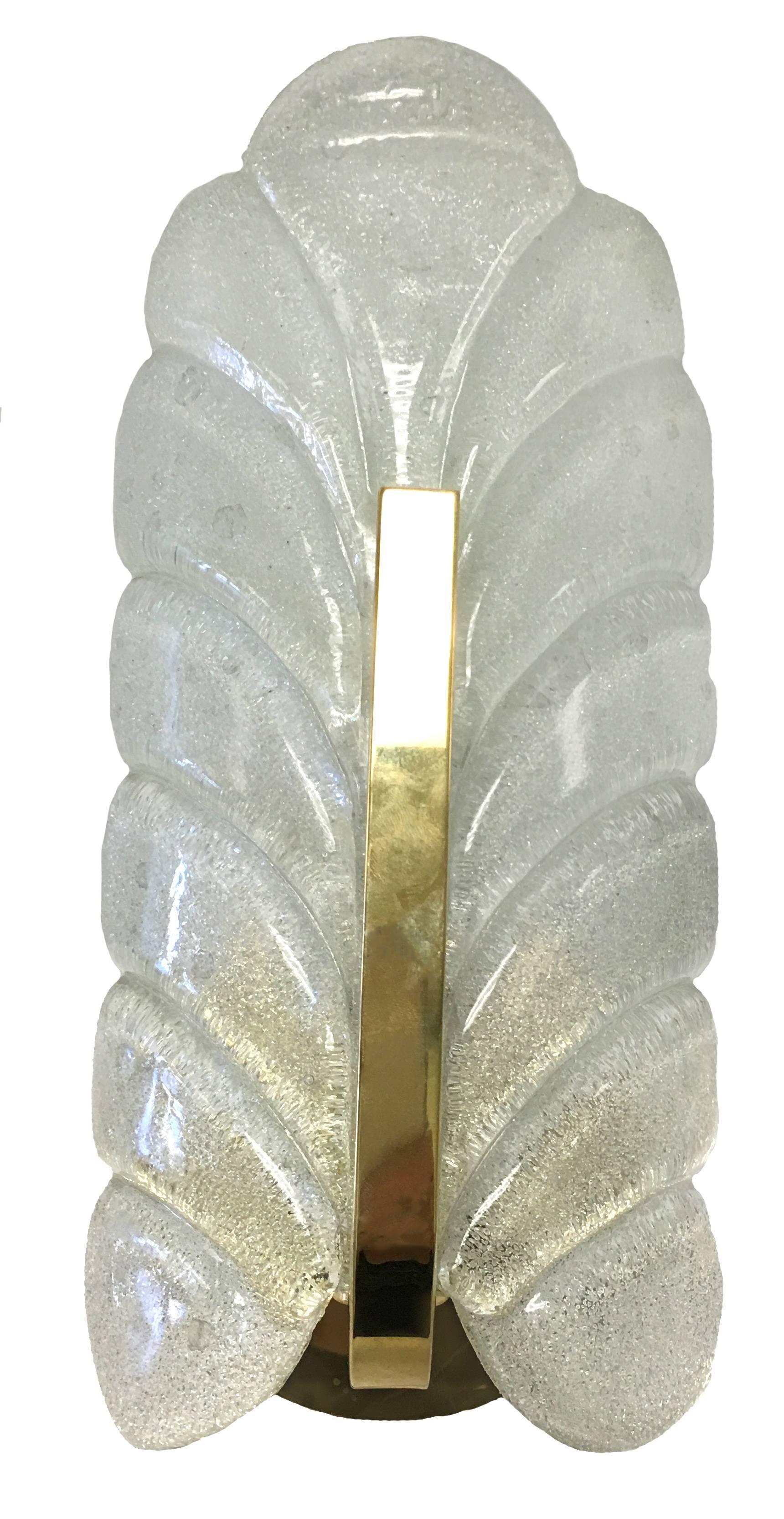 Italian 1960s Glass Leaf and Brass Wall Sconces by Carl Fagerlund for Orrefors, Pair