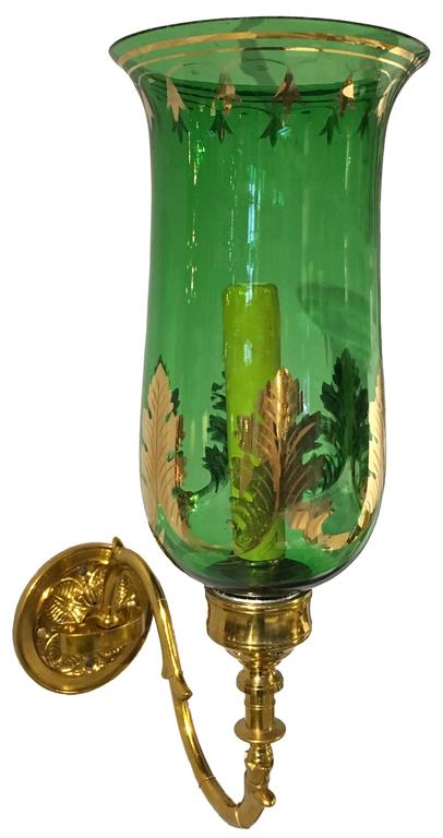 Pair of 1820 English Regency Green Glass and Brass Hurricane Sconces For Sale at 1stdibs