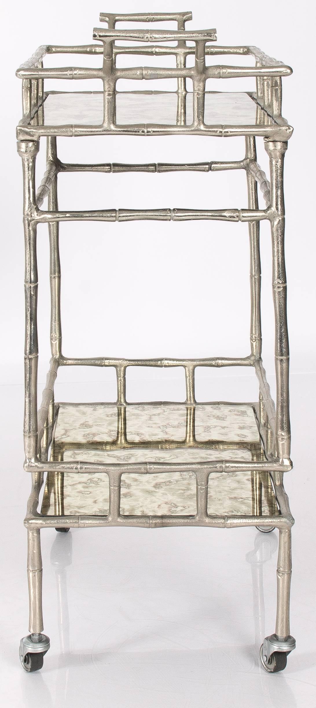 Polished Faux Bamboo Chrome and Mirrored Bar Cart