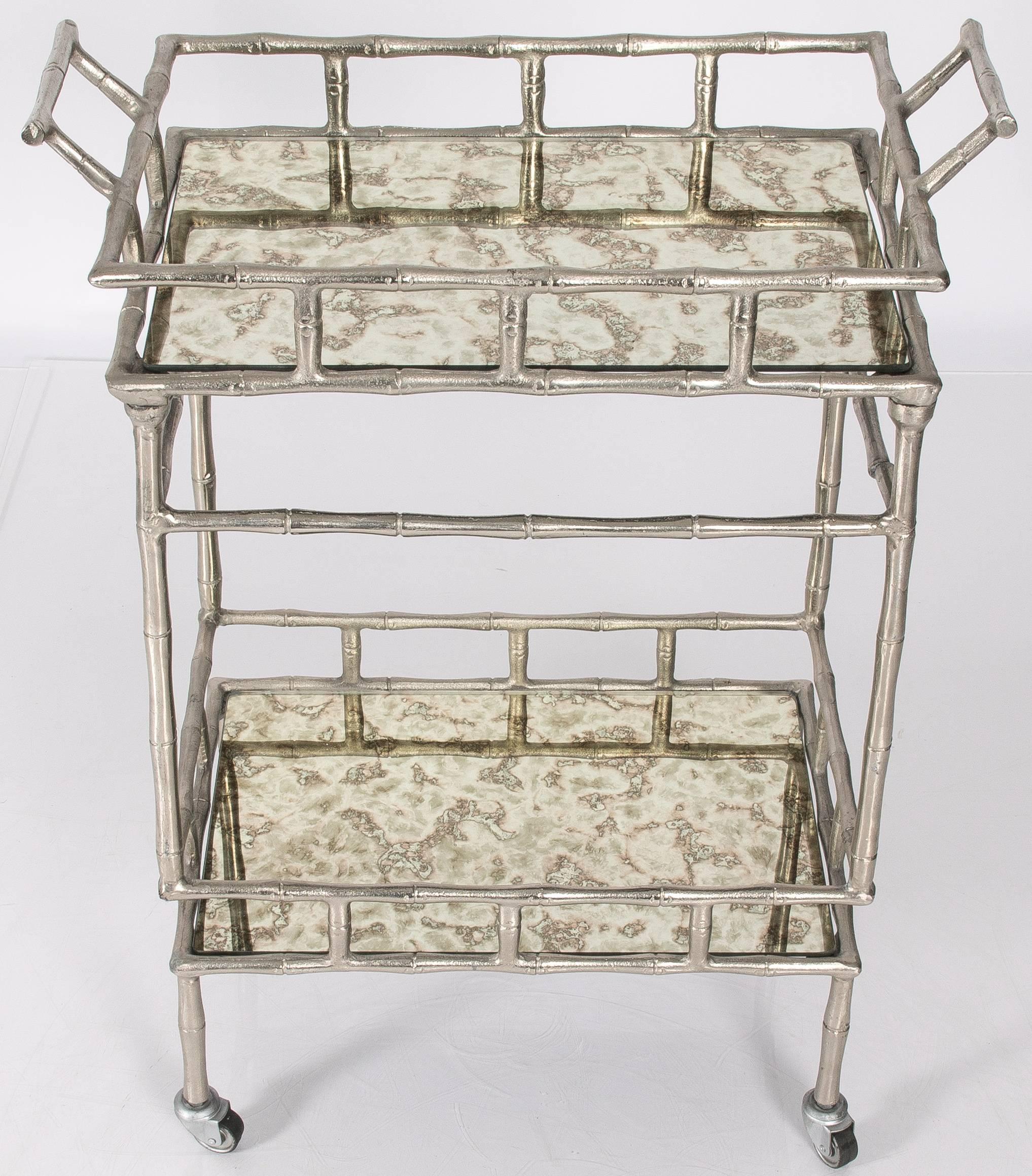 Chinoiserie Faux Bamboo Chrome and Mirrored Bar Cart