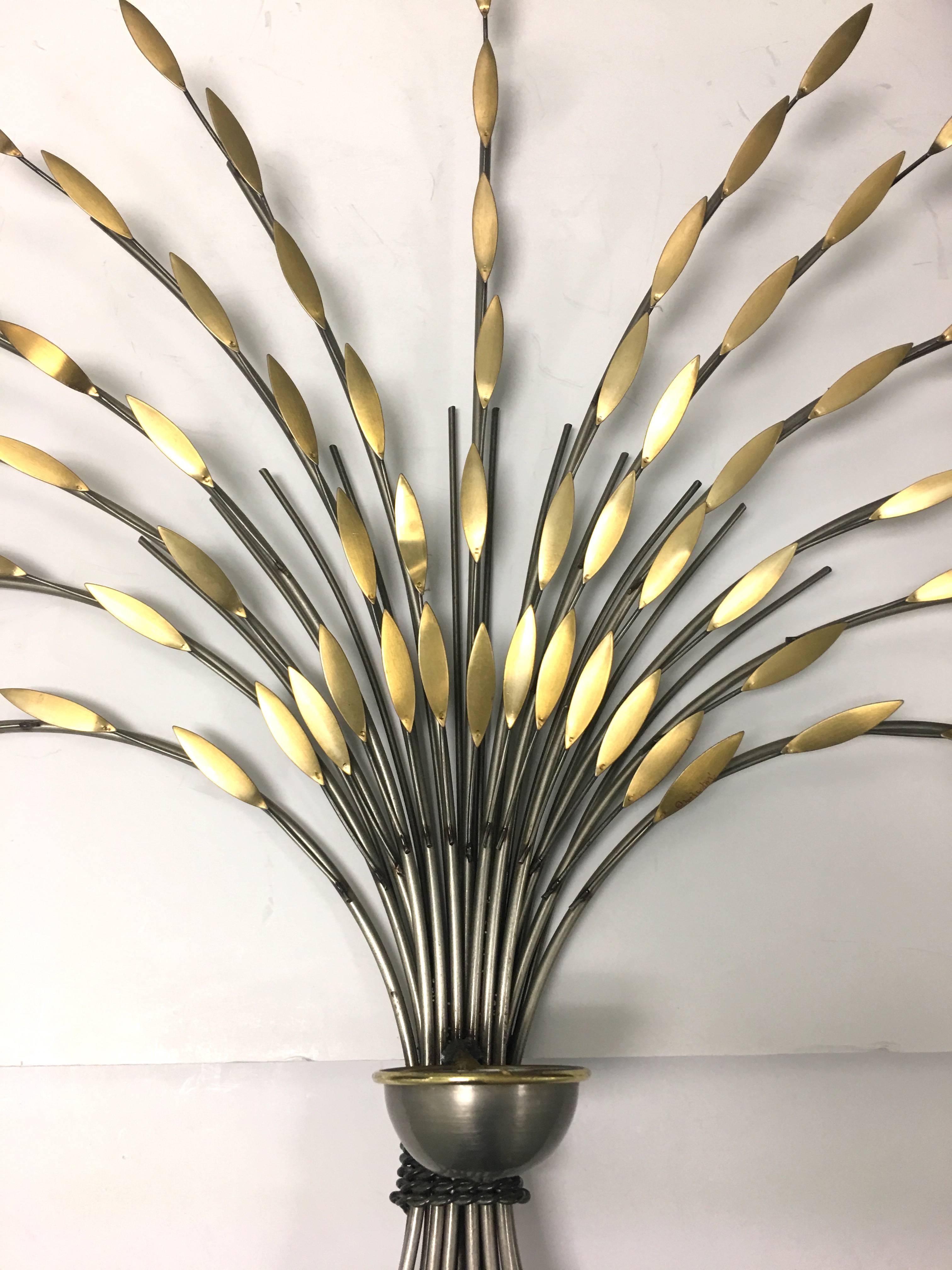Large pair of Curtis Jere modern sheaf of wheat candle holders. Bent steel with brass leaves. Signed C. Jere 2003.