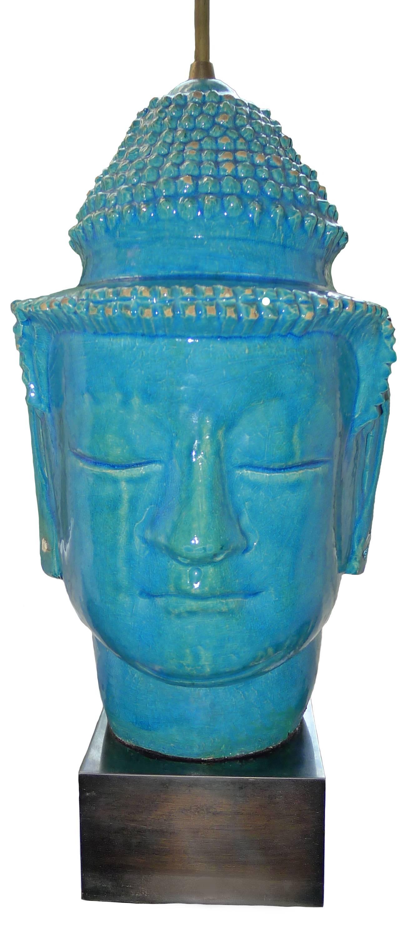 Chinoiserie Large Turquoise Glazed Terra Cotta Buddha Lamp