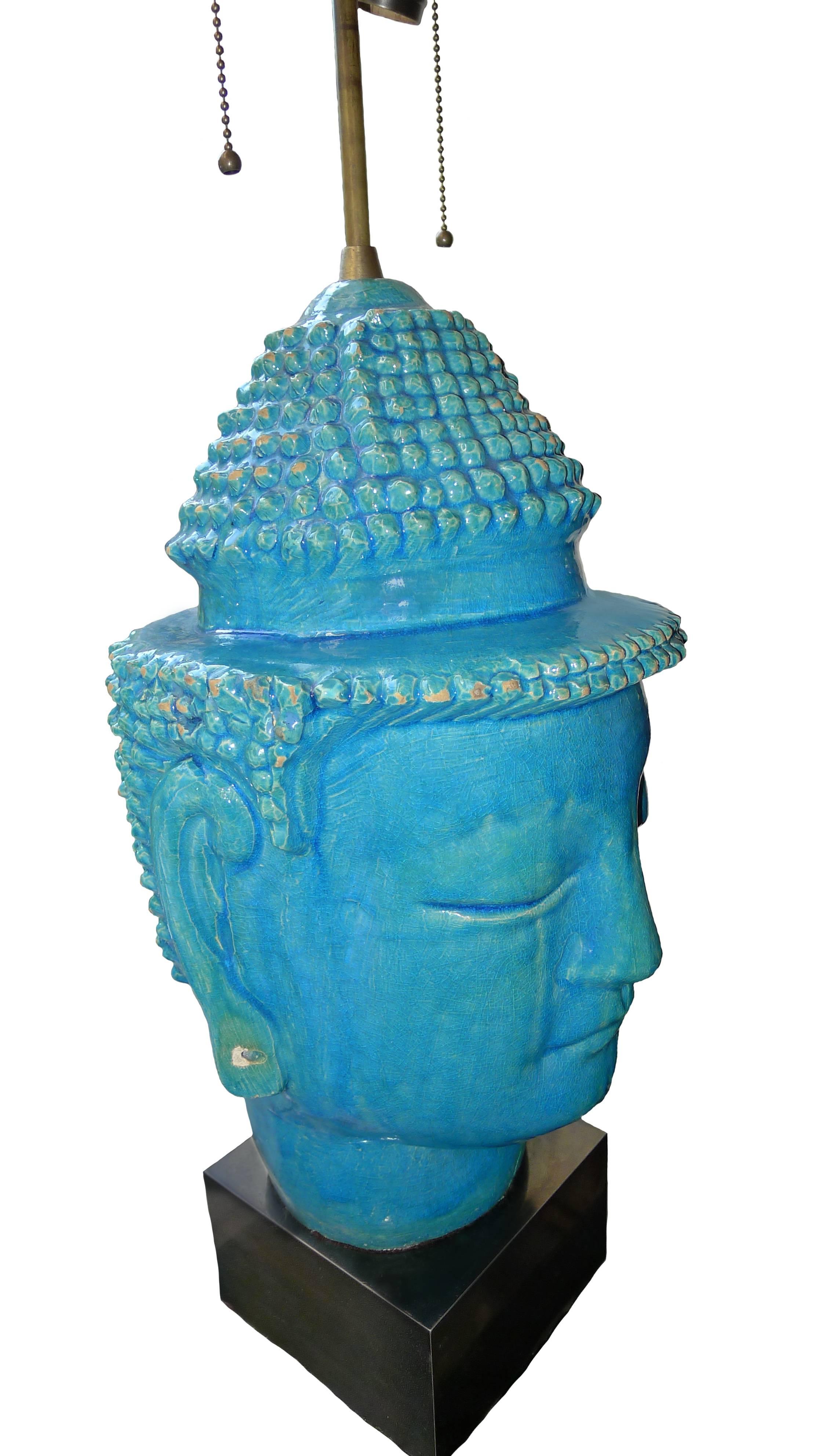 American Large Turquoise Glazed Terra Cotta Buddha Lamp