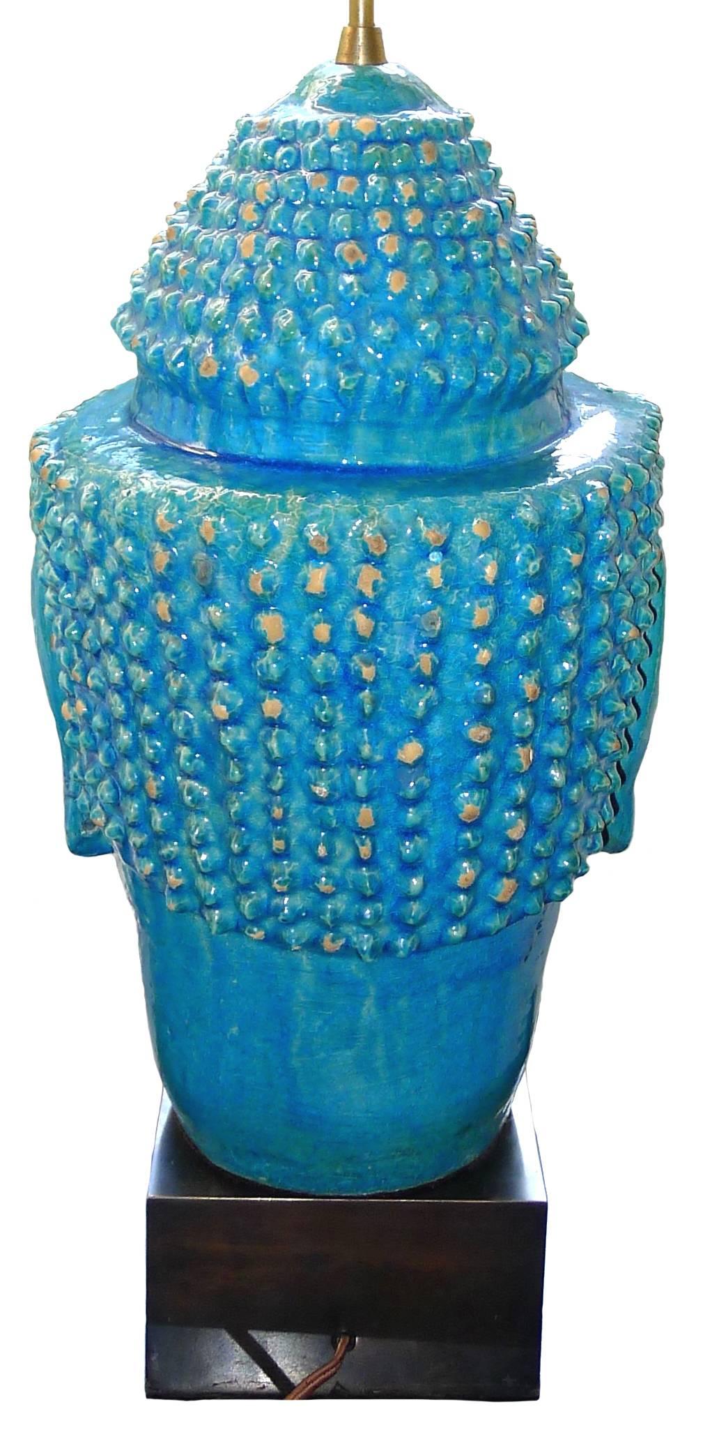 Large Turquoise Glazed Terra Cotta Buddha Lamp In Good Condition In Stamford, CT