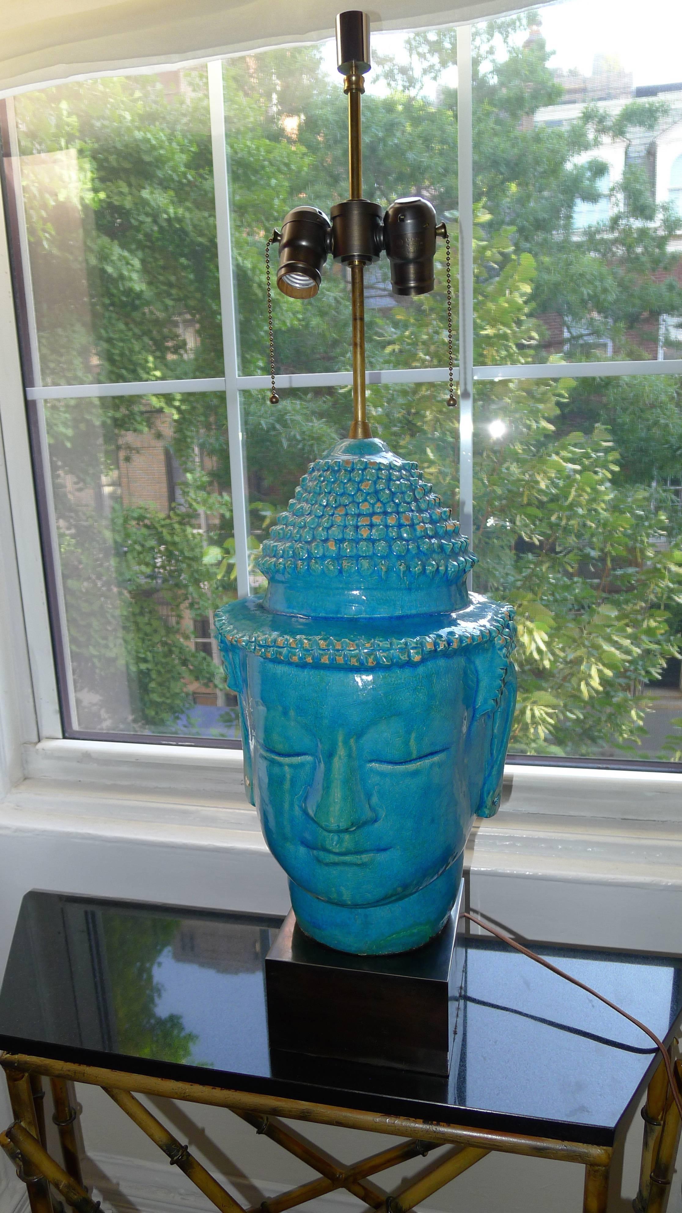 Mid-20th Century Large Turquoise Glazed Terra Cotta Buddha Lamp