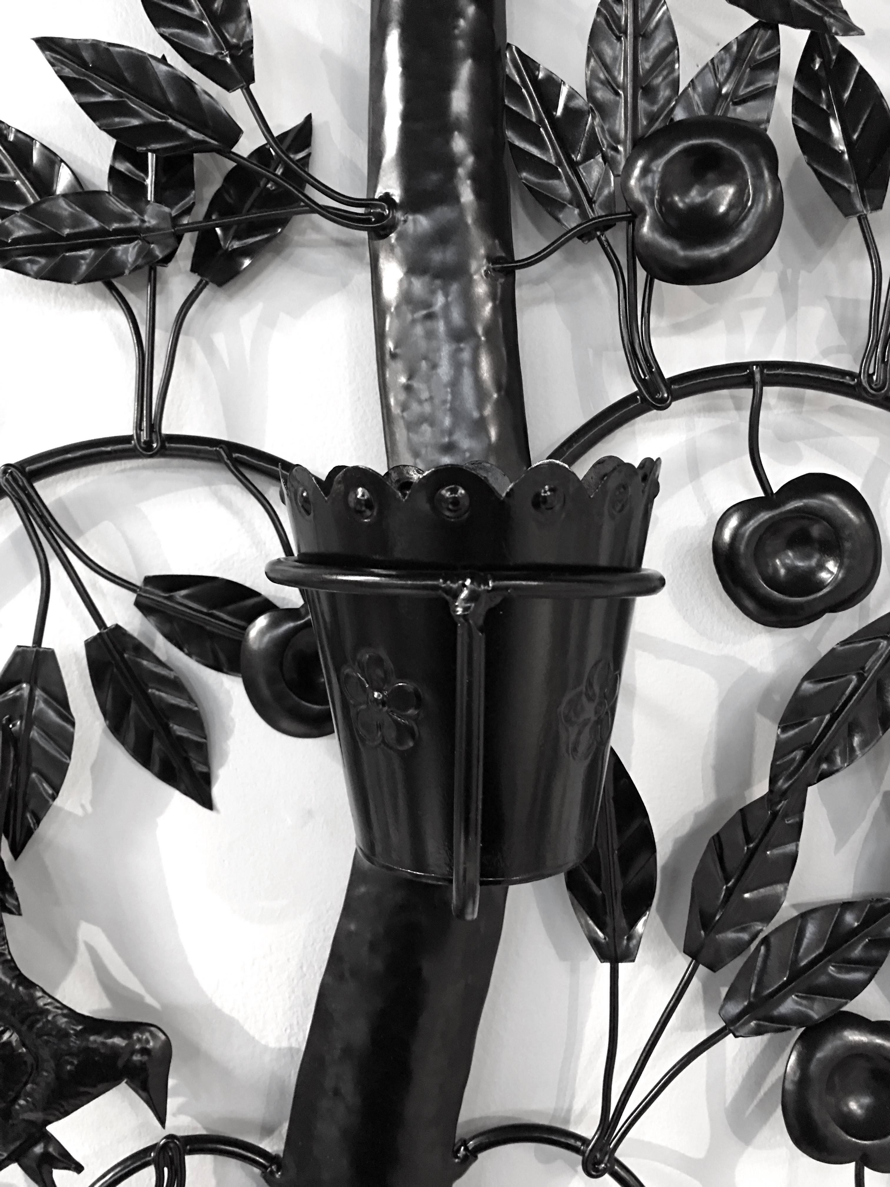 Mexican Black Wrought Iron Tree of Life Wall Planter In Excellent Condition In Stamford, CT