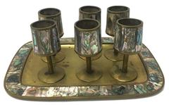 Los Castillo Mexican Abalone and Brass Cordial Glass and Tray