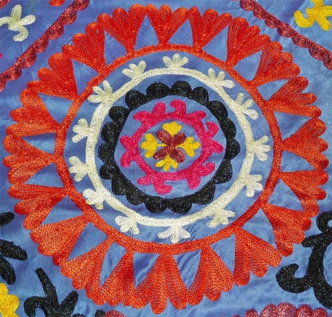 Bohemian Uzbek Large Embroidered Blue Suzani Textile